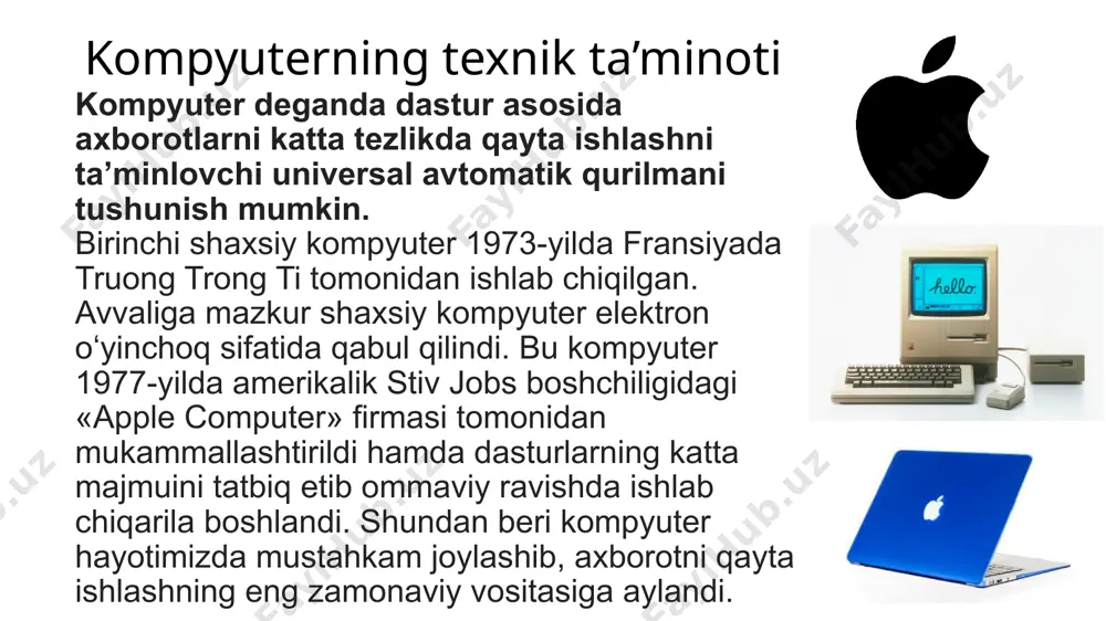 an. tezkor xotira qurilmasida (txq) ishlash jarayonida protsessor foydalanadigan barcha axborotlar va dasturlar saqlanadi. uni tezkor deyilishiga sabab boshqa xotiralarga nisbatan axborot almashinuvi minglab yoki millionlab marotaba tezdir. tezkor xotira qurilmasida saqlanayotgan ma’lumotlar kompyuter elektr manbaidan uzilganda yoki qayta yuklanganda oʻchib ketadi. tezkor xotira qurilmasi registrlardan tashkil topgan. registr – maʻlumotlarni ikkilik shaklida vaqtinchalik saqlab turish uchun moʻljallangan qurilma. har bir registr oʻz navbatida triggerlardan tashkil topadi. trigger mitti elektron sxema boʻlib, u elektr toki bilan zaryadlangan holda «1» ni, zaryadlanmagan holatda «0» ni ifodalaydi. registrdagi triggerlarning miqdori kompyuterning necha razryadli ekanini belgilaydi. registrlar uyachalar (yacheykalar) deb ham yuritiladi. uyachalarning har bir razryadida bir bit axborot joylashadi (yaʻni 0 yoki 1). 8 bit axborot birlashganda 1 bayt miqdordagi axborotni hosil qiladi. har bir bayt oʻz tartib raqamiga, yaʻni adresiga ega boʻladi. uyachaning sigʻimi mashina soʻzi uzunligini belgilab beradi. mashina soʻzining uzunligi baytlarda oʻlchanadi. mashina soʻzining uzunligi 2, 4, 8 baytga …