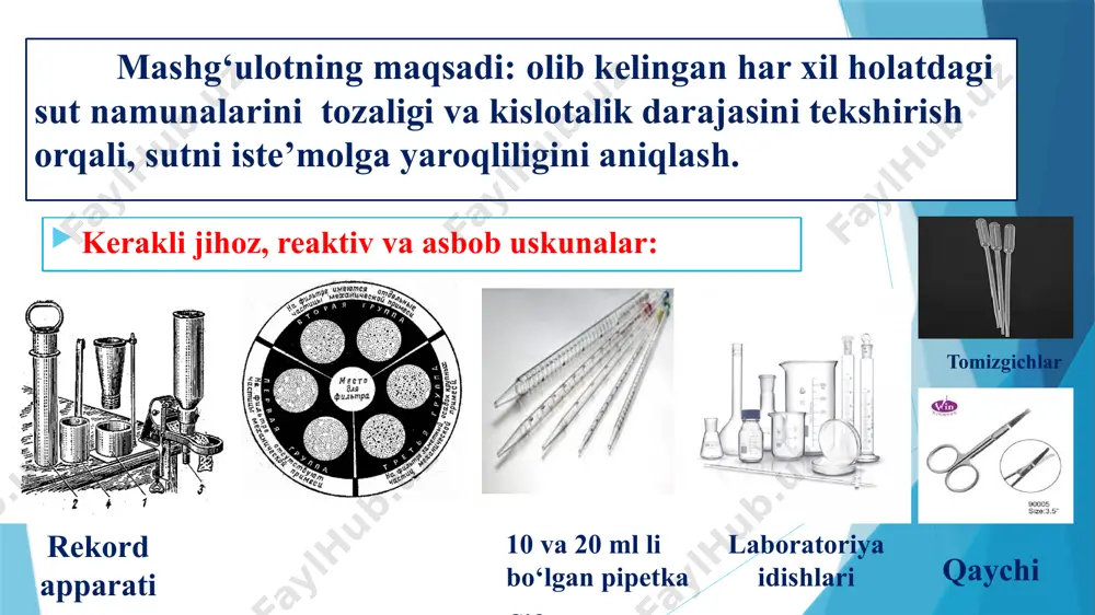 isman har xildagi aralashmalar ushlanib qolgan bo‘lsa, ikkinchi guruh sut hisoblanadi. agar filtrda juda ko‘p miqdorda har xildagi aralashmalar bo‘lsa, bunday sut uchinchi guruh sut hisoblanadi. aniqlash tartibi agar filtrdan toza sut o‘tkazilgan bo‘lsa, filtrda hech narsa bo‘lmaydi. bunday sut birinchi guruh sutga kiradi. filtrda qisman har xildagi aralashmalar ushlanib qolgan bo‘lsa, ikkinchi guruh sut hisoblanadi. agar filtrda juda ko‘p miqdorda har xildagi aralashmalar bo‘lsa, bunday sut uchinchi guruh sut hisoblanadi. aniqlash tartibi sutni kislotaligini aniqlash zavodlarga topshirish uchun olib kelingan sutning kislotaliligini har qaysi idishlarning o‘zidan alohida olinib aniqlanadi (flyaga, sisterna va h.z.). sutning kislotaliligi har bir sigirning o‘ziga xos individual xususiyatlariga, oziqlanish darajasiga hamda sut berish davriga bevosita bog‘liq. ko‘p sigirlardan bir vaqtning o‘zida sanitariya-gigiyena qoidalari asosida ko‘p miqdorda sut olinganda, uning kislotaliligi qisman o‘zgarishi mumkin. bajarilish texnikasi kislotalilikni aniqlashning standart usuli. ishni bajarish uchun kerak bo‘lgan asboblar va reaktivlar: 10, 20 millimetrga mo‘ljallangan pipetkalar, 100 ml sig‘imdagi …