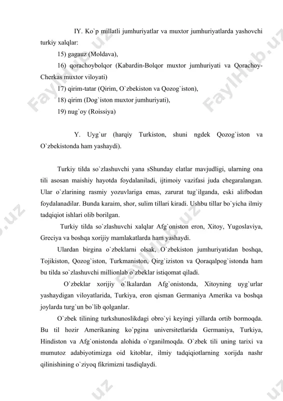 ski o`zbek adabiy tilining davomi – o`zbek xalqining davlat tili sifatida keng xalq ommasiga xizmat qilib kelmoqda. turkiy xalqlar bizga ma`lum bo`lgan eng qadimgi yozma yodgorliklari eramiznig v-x asrlariga mansub bo`lib, turkshunoslikda bu davrni qadimgi turkiy til deb yuritiladi. yozma yodgorliklar tili adabiy til me`yorini belgilashda asos bo`la oladi. chunki yozma til, ma`lum darajada tartibga solingan, me`yorlashtirilgan bo`ladi. shuni ng uchun ham o`zbe adabiy tilining tarixi yozma yodgorliklari ma`lum bo`lgan qadimgi turk davridan boshlanadi. shuni ta`kidlash lozimki, eng ko`hna yodgorliklar tili har qanday fikrni ifodalashga qodir, rivojlangan, fonetik, grammatik, uslubiy jihatdan mukammal til bo`lgan. demak, turkiy til bunga qadar ham ulkan taraqqiyot davrini bosib o`tgan degan xulosaga kelish mumkin. lekin, u davrlarga oid yozma yodgorliklar saqlanmagan. qadimgi turk davriga mansub yodgorliklar turk runiy (urxun enasoy), uyg`ur moniviy, sug`d, braxma, suroniy yozuvlaridadir. hozirgi paytda «turk ruhiy», «o`rxun enasoy» atamasi bilan yurituvchi yozuv turkiy xalqlarning bizga ma`lum bo`lgan eng eski xatidir. turk …