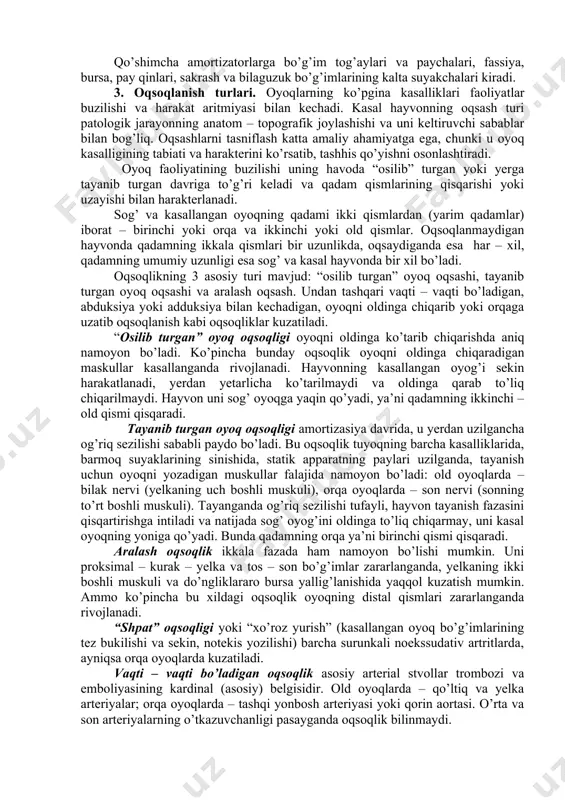 eti hayvonning tana og’irligini o’ziga oluvchi va uni ko’tarib turuvchi passiv tayanch apparati bo’lib hisoblanadi. hayvon harakatlanganda o’zaro burchak shaklida birikkan va muskullarning payli uchlari hamda paychalar bilan yaxshi fiksatsiya qilingan suyaklar, muskullar va paylar oyoqni harakatga keltiruvchi richaglar rolini bajaradi. oyoq suyaklarining anatom – gistologik tuzilishi ularning fiziologik faoliyati bilan tig’iz bog’liq. uzun suyaklar zich to’qimadan tuzilgan bo’lib, ustun va richaglar rolini o’ynaydi. suyakning g’ovak to’qimasidan iborat qismlari bo’g’im uchlarida joylashib, mustahkam va yengil bo’ladi. ular nisbatan katta xajmga ega bo’lganligi sababli suyaklarning bo’g’im yuzalarini keng bo’lishini ta’minlaydi. bo’g’imlar harakat a’zolarining orasida alohida o’rin tutadi. bo’g’imlar ikki va ko’proq suyaklarning o’zaro birikishida eng yaxshi differensial shakli hisoblanadi. oyoqning asosiy harakatlari (bukish va yozish) bo’g’imlarning ko’ndalang o’qi atrofida bajariladi. boshqa harakatlar (pronatsiya, supinatsiya va rotatsiya) ularning uzunasiga o’tadigan o’qi atrofida amalga oshiriladi. adduksiya va abduksiya faqat ko’p o’qli bo’g’imlar (tos – son va yelka – kurak) orqali bajariladi. pay – …