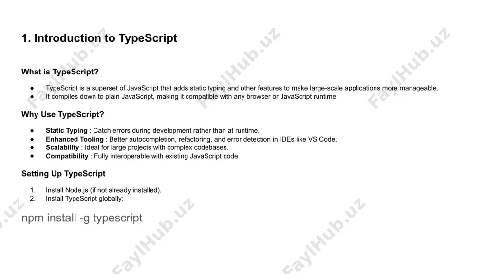 are ideal when you need a collection of items of the same type, especially when the size of the collection is not fixed. 2.3 tuples what are tuples? tuples are fixed-size arrays where each element has a specific type. unlike arrays, tuples enforce both the order and the type of elements. key characteristics fixed size : the length of a tuple is fixed at the time of declaration. example: let person: [string, number] = ["alice", 25]; here, person must always contain exactly two elements: a string followed by a number. specific types for each position : each position in a tuple has a specific type that cannot be changed. example: let coordinates: [number, number] = [10, 20]; coordinates[0] = 15; // valid coordinates[1] = "hello"; // error: type 'string' is not assignable to type 'number'. index-based access : like arrays, tuple elements are accessed using their index. example: let rgb: …