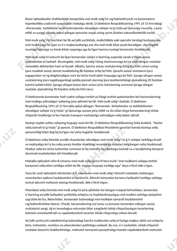 bevosita qatnashmaydigan lekin uning uchun ma’lum sharoitlar yaratib uni tashkil qilishga uzoq muddat xizmat qiladigan mulklarga aytiladi. ularga imoratlar, jihozlar, transport vositalari, uy-joy ishnootlari va boshqalar kiradi. yuridik shaxslarning mol-mulklarining asosiy xususiyatlaridan biri shundan iboratki, ular ishlab chiqarish jarayonida uzoq muddat xizmat qiladi va shu bilan birga o‘zining dastlabki jismoniy ko‘rinishini saqlab qoladi. ular mahsulot ishlab chiqarish jarayoni uchun zarur bo‘lgan sharoitlarni yaratib berishda uzoq muddat qatnashsa ham asta-sekin eskirib boradi va eskirgan qismini ishlab chiqarilayotgan mahsulot tannarxiga amortizatsiya ajratmasi ko‘rinishida qisman-qisman o‘tkazib boradi. shuning uchun ham korxonalar ushbu mol-mulklardan foydalanish jarayonida, ularni to‘g‘ri va unumli ishlatib, imkoni boricha ko‘p va sifatli mahsulot ishlab chiqarishni, har ishlab chiqarishga sarflangan har bir so‘mning rentabellik darajasini oshirilishini ta’minlashga harakat qilishadi. shuningdek, mavjud qonunchilikka ko‘ra barcha korxonalar mol-mulklari uchun byudjetga soliq to‘lash majburiyatiga ham egadir. bu soliqlar summasi mol-mulklarning miqdoriga qarab mutanosib ravishda o‘zgarishi mumkin, ya’ni mol-mulklarning qiymati oshgan sari soliqlar summasi ham …