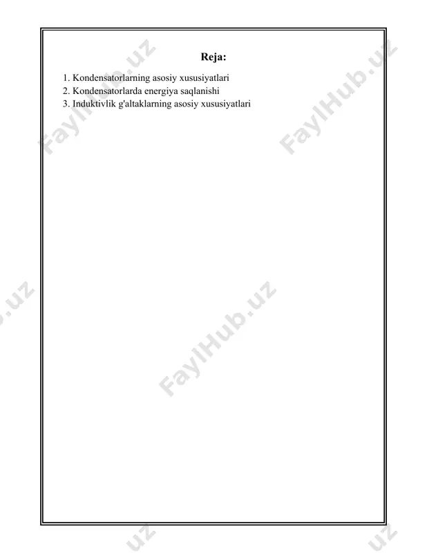 igini ifodalaydi va ohmlarda o‘lchanadi. kam esr qiymati kondensatorning energiyani samarali uzatish qobiliyatini oshiradi. 7. **esl (ekvivalent ketma-ket induktivlik)**: kondensatorlarning yuqori chastotali signallarga qarshiligini ifoda etuvchi indikator hisoblanib, eng kichik esl ga ega boʻlishi muhimdir, ayniqsa yuqori chastotali ilovalarda. 8. **yo‘qotish faktori (tangens delta, tan δ)**: bu parametr kondensatorning energiya samaradorligini ifoda etadi. kam yo‘qotish faktori kondensatorning samarali ishlashini ko‘rsatadi. 9. **fizik hajm va o'lchamlar**: kondensatorlarning jismoniy o‘lchamlari ularning sig‘imi va kuchlanish darajasiga bog‘liq. kompakt hajmli kondensatorlar kichik elektron qurilmalar uchun juda mos keladi. 10. **ulanish tipi**: kondensatorlarning ulangan turlari, masalan, axial, radial yoki smt (surface mount technology) ulamalari mavjud. yuqorida sanab o‘tilgan xususiyatlar kondensatorlarni tanlashda va ularni elektron zanjirlarda qo‘llashda muhim ahamiyatga ega. elektronika sanoatida turli vazifalarga mos keladigan xususiyatlar talab qilinadi, masalan, kuchlinish stabilizatori bo‘lib xizmat qiluvchi kondensatorlarda yuksak kuchlanishga bardosh bera olish va past esr muhimdir. shu bilan birga, signal filtrlash uchun ishlatiladigan kondensatorlarda past yo‘qotish faktori …