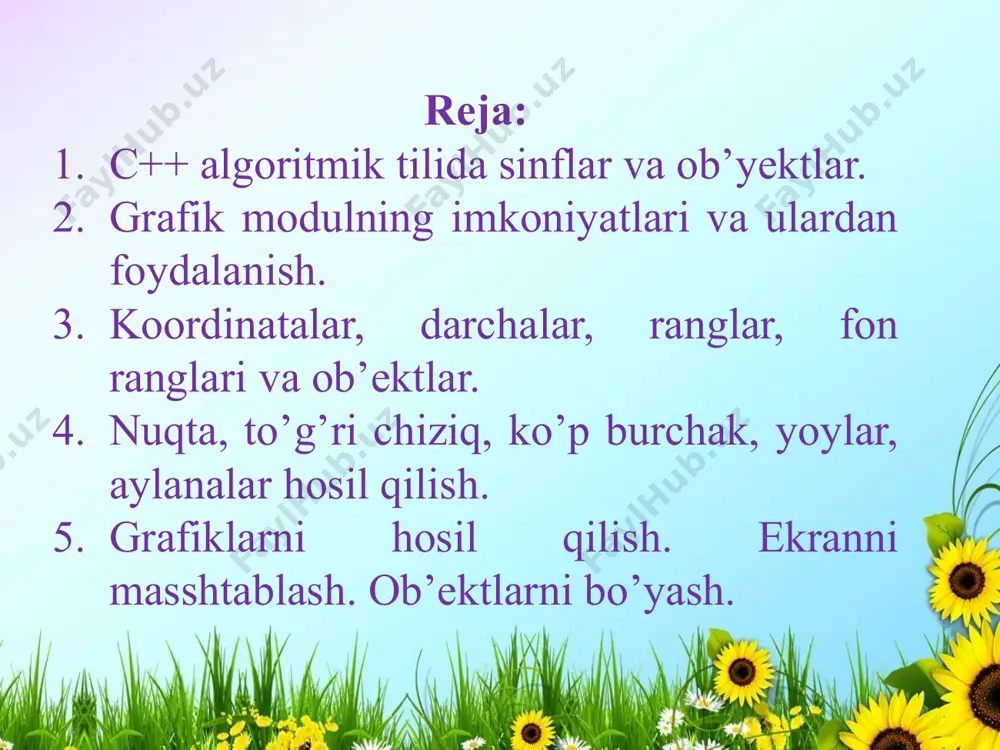 lor) - chizish rangini o’rnatish (rangli qalam); bu yerda color - rang nomeri yoki nomi. agar rang nomi yoziladigan bo’lsa, u katta harflarda yoziladi. 8. bar (x1, y1, x2, y2) - joriy rang va chiziqlar yordamida ichi bo’yalgan to’g’rito’rtburchak chizish; 9. fillellpse (x, y, xr, yr) - markazi x va y da, xr kenglikda va xr balandlikda ichi bo’yalgan rangli ellips chizadi; 10. setfillstyle (style, color) - bo’yash usul va rangni o’rnatish. bu yerda style - uzgarmas kattalik bo’lib, u qo’yidagicha bo’lishi mumkin: 0 - sohani fon rangi bilan to’ldirish; 1- sohani rang bilan uzluksiz to’ldirish; 2 - qalin gorizontal chiziqlar 3 - ingichka ogma chiziqlar 4 - yugon ogma chiziqlar 5 - yugon ogma chiziqlar (boshqa stil) 6 – og’ma yo’llar 7 – to’rtburchakli chiziqlar 8 – og’ma to’rtburchaklar 9 - zich og’ma shrtixlar 10 - siyrak nuqtalar (u yer - bu yerda) 11 - zich nuqtalar bilan chizmalarni …