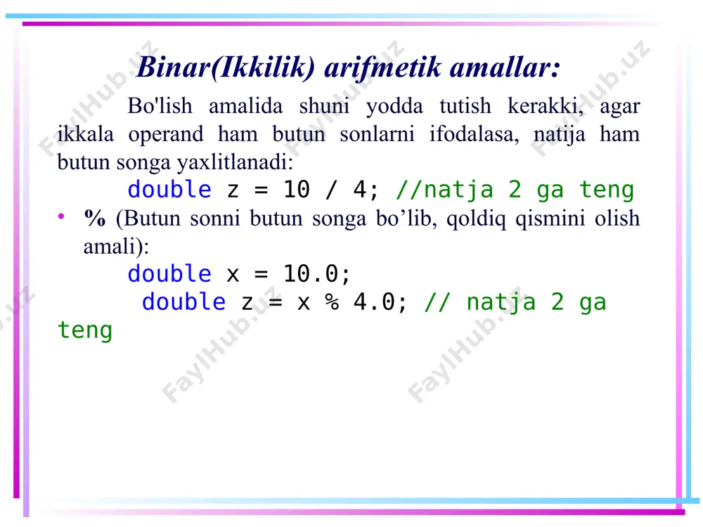decrypt); 14 razryadli (bitli) amallar bu erda yana bitli amallar bajariladi. agar har ikkala sonning joriy biti (razryadi) har xil bo'lsa, 1 qaytariladi, aks holda 0 qaytariladi, shuning uchun ham 9^5 ifodaning qiymati 12 soniga teng bo’ladi. va shifrlanlan sonni qayta ochish (dekodlash) uchun xuddi shu amalni natijaga qo'llaymiz. ~ (mantiqiy inkor yoki inversiya) bitlarni teskari o'zgartiradigan yana bir boshqa razryadli (bitli) amal: agar bit qiymati 1 bo'lsa, u 0 ga aylanadi, va aksincha. int x = 12; // 00001100 console.writeline(~x); // 11110011 yoki -13 15 manfiy sonlarni tasvirlash c# da manfiy sonlarni yozish uchun qo'shimcha kod (two’s complement) ishlatiladi, unda eng katta razryad (bit) ishorani ifodalaydi. agar uning qiymati 0 bo'lsa, u holda son musbat bo'ladi va uning ikkilik ko’rinishi ishorasiz sonning ko’rinishidan farq qilmaydi. masalan, 0000 0001 son o’nlik ko’rinishida 1 ga teng. agar eng katta razryad (bit) (chapdan birinchi razryad) 1 bo'lsa, son manfiydir. masalan, 1111 1111 …