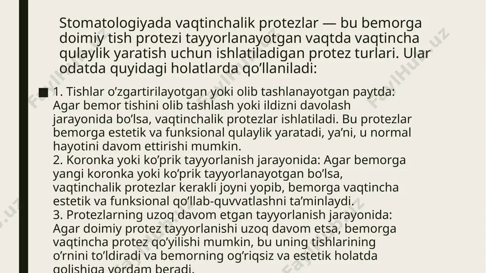 lardan biridir. doimiy protezlar stomatologiyada bemorning tishlarini tiklash yoki almashtirish uchun qo’llaniladigan uzoq muddatli, mustahkam va funksional protezlardir. ular bemorning og’zi va tishlariga to’liq moslashtirilgan holda tayyorlanadi va ko’pincha yuqori sifatli materiallardan ishlab chiqariladi, shuning uchun uzoq vaqt davomida ishlatilishi mumkin. doimiy protezlar bemorning tishlarini tiklash yoki estetik ko’rinishini yaxshilashga yordam beradi. doimiy protezlarning turlari: 1. koronkalar: • koronka — bu tishning tashqi qismini butunlay qoplaydigan protezdir. koronkalar, asosan, tishlarning shikastlangan yoki chuqur kariesli qismlarini qoplash uchun qo’llaniladi. ular tabiiy tish shaklini va funksiyasini tiklashga yordam beradi. • koronkalar turli materiallardan tayyorlanadi, masalan, metall, keramika yoki metall-keramika. 2. ko’priklar: • ko’prik — bu bir yoki bir nechta yo’qolgan tishlarni almashtirish uchun ishlatiladi. ko’prik ikki yoki undan ortiq tishlarga (yoki implantlarga) o’rnatiladi va ular orasida bo’shliqni to’ldiradi. • ko’priklar, tishlar orasidagi bo’shliqni estetik va funksional jihatdan to’ldiradi, shu bilan birga normal chaynash funksiyasini qayta tiklaydi. 3. implantlar: • tish implantlari — …