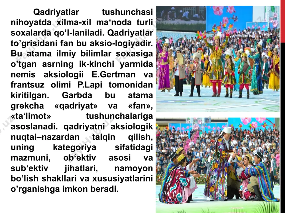 zining qadriyatlarini vujudga keltirib, ularning yangi - yangi qirralarini va jihatlarini sayqallashtirib, rataqqiyot jarayonida atkomillashtirib turi-shi ma‘nosida o’z qadriyatlarining haqiqiy egasi, makon va zamondagi ilgarilanma harakatdan iborat o’zgarishlar jarayonida ularni o’tmishdan kelajakka atmon yetkazib boradigan eng asosiy ob‘ektdir» . milliy qadriyatlarning negizini urf - odatlar, rasm -rusumlar, bayramu-sayillar atshkil eatdi. o’zbek milliy qadri-yatlari mazmunida insonparvarlik g’oy-alari yoatdi. uzoq atrix davomida o’zbeklarning o’zaro munosabatlarida, kundalik turmush atrzida o’zaro hamkorlik va hamdardlik, vafodorlik va o’zaro hurmat, biri - biriga suyanish va yaxshi qo’shnichilik, bolajonlik va oat - onaga hurmat, mehr - oqibat va sadoqat har tomonlama e‘zozlanib kelinadi. milliy qadriyatlar o’sha mil-latga mansub har bir kishi tomonidan yaratilgan, insoniylik, odamiylikka xos fazi-latlar, xislatlar, xosiyatlarni milliy - madaniy meros xazinasiga qo’shgan hissasini ifodalovchi buyuk ko’rsatkichdir. milliy qadriyatlarni tiklash - ularga hozirgi zamonga mos yangi mazmun ato etish demakdir. xuddi shuning uchun ham, o’zbekiston davlat musatqilligiga erishishi bilan mamlakatimizga hozirgi zamon öivilizaöiyasi atlablariga javob …