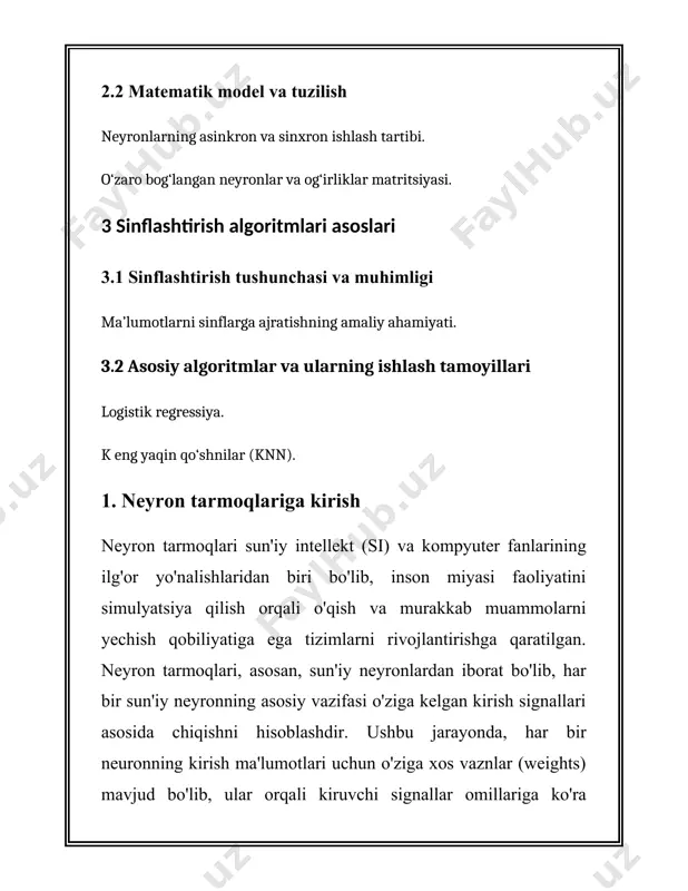 ollarda 99% xavfsiz o'zini tutish darajasida bir-maromda ishlatilmoqda. - ovozli yordamchilar: siri, alexa yoki google assistant kabi ovozli yordamchilar nutqni tanish texnologiyalari bo'yicha 95-97% aniqlikni ko'rsatadi. - malumotlar tasnifi va tavsiflanishi: internetga asoslangan xizmalar, masalan, youtube, netflix va spotify kabi platformalar foydalanuvchilarning xatti-harakatlarini aniqlab, tavsiyalarni taqdim etishda ishlaydi. neyron tarmoqlarining muhim afzalliklari orasida ularning katta hajmdagi ma'lumotlarni qayta ishlash qobiliyati va yuqori darajadagi maqbul yechimlarni topish qobiliyatlari mavjud. shuningdek, ular yangi ma'lumotlarga osongina moslashishi va tezkor yuklanishi bilan ajralib turadi. lekin, ularni to'g'ri ishlatish va muvaffaqiyatli natijalarga erishish uchun ko'plab o'qitish va optimallashtirish jarayonlari talab etiladi, bunga esa katta hajmdagi ma'lumotlar va yuqori hisoblash qudrati zarur. bu esa kompyuter resurslariga bo'lgan talabni oshiradi. yuqorida keltirilgan ma'lumotlar neyron tarmoqlarining keng qo'llanilishi va samaradorligini aks ettiradi.uning rivojlanishi davom etmoqda va bu boradagi izlanishlar kelajakda yanada ko'proq rivojlanishlarni olib kelishi kutilmoqda. 2. xopfill neyron tarmog‘i tuzilishi xopfill neyron tarmog‘i — asosiy neyron tarmog‘i …