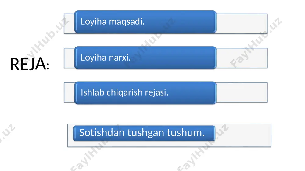 sifatin yaxshilash usularini shakillantirish . parranda eksportini shakilantirish zarur uskunalar tanlash va sotib olish. moliya va investitsiyalar boshlang’ich kapitalni aniqlash. investitsiyalar jalb qilish. xarajat va daromadlarni rejasini tayyorlash. ish joyini tashkil etish. sotish kanallari. amalga oshirish bosqichlari: 1. rejalashtirish 2.eksport yo’nalishini tanlash. 4.uskunalar va xomashyo 3. ishlab chiqarish joyini tanlash 5.ishchi kuchini tayyorlash 6. ishlab chiqarish jarayoni 8.marketing va sotish 7. tovuq sifatini oshirish ishlab chiqarish rejasi: ishlab chiqarish hajmi 1 oyda,yani 30 ish kunida loyiha bo’yicha to’liq quvvatda ishlaganda, kuniga 300kg tagacha gosht yetishtirishga teng. ishlab chiqarish rejasini tuzishda, ishlab chiqarishni tashkillashtirish jarayoni. ishlab chiqarish jarayoni - 30- kun mobaynida kerakli asbob uskuna sotib olish. - mahsulot ishlab chiqarish. - hamkorlar bilan shartnoma tuzish. - loyihada 1 haftada 7 ish kuni hisobida qabul qilingan. - korxonada 3 ta ishchi ishlaydi. met erial lar x raj ati: xom ashyo ao’lchov amalga oshirilishi kerak ishlar nomi birligi sotib olingan tovuq soni …