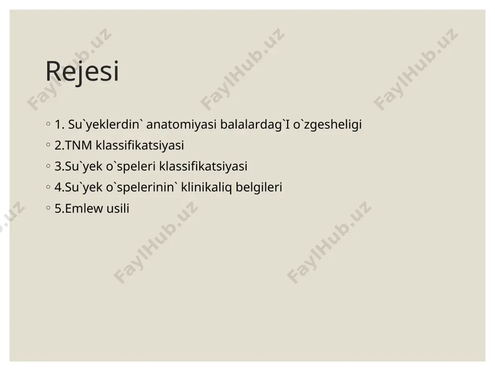 ). 4. нейрофиброма. viii. неклассифицируемые опухоли. ix. опухолеподобные поражения (солитарная киста, аневризмальная костная киста и др.). м.в. волков разделяет опухоли костей по их течению на три основные формы. 1. доброкачественные. 2. злокачественные. 3. пограничные. каждая из этих групп в свою очередь делиться на хрящевые, костные и смешанные. дифференциальная диагностика доброкачественных и злокачественных опухолей доброкачественные боли отсутствуют или незначительные. растут медленно. достигают иногда очень больших размеров. не метастазируют. обладают оппозиционным ростом, раздвигают окружающие ткани, часто окружены капсулой. прогноз благоприятный. злокачественные боли интенсивные, особенно ночные. растут быстро. редко достигают больших размеров. рано дают метастазы. обладают инфильтративным ростом, граница с окружающими тканями не чёткая. прогноз сомнительный su`yektegi o`speler risk faktorlar: 1. genetikaliq kesellikler: li-fenomen sindromi (p53) 2.retinoblastoma (prb) 3.pedjet keselligi 4.radiyatsiya 5.transplantatsiya 6.travma- qa`wipli su`yek o`speleri osteosarkoma etiologiyasi:osteoblastlarda_na`tiyjede su`yek toqimasi o`sip ketedi: metafizde boladi клиника. 1.awiriw характерен выраженный болевой синдром, появляющийся с самых ранних стадий заболевания, усиливающийся по ночам. после приема анальгетиков, эффект …