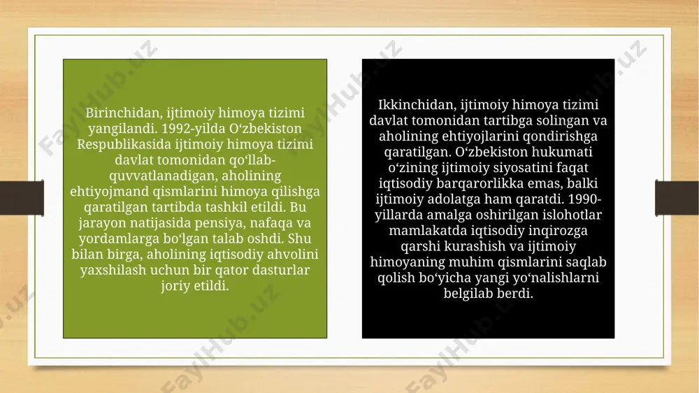 imoya qilish va adolatli mehnat sharoitlarini yaratishga qaratilgan. (lex.uz) 2. ijtimoiy adolat va ijtimoiy himoya ijtimoiy adolatning ta’minlanishi, har bir fuqaro teng imkoniyatlarga ega bo‘lishi, ta’lim, sog‘liqni saqlash va mehnat bozorida ijtimoiy tengsizlikning oldini olishga qaratilgan islohotlar amalga oshirildi. ijtimoiy himoya tizimi: ijtimoiy himoya tizimi, asosan, ijtimoiy adolatni ta’minlash va fuqarolarni muhtoj bo‘lgan paytda qo‘llab-quvvatlashga qaratilgan. 2020-yilda ijtimoiy himoya tizimi yanada takomillashtirildi va ehtiyojmand guruhlar, nogironlar, yoshlar va pensionerlar uchun yangi dasturlar ishlab chiqildi. (gov.uz) mehnat sharoitlari va huquqlarini himoya qilish: mehnat sharoitlari ijtimoiy adolatning muhim jihatlaridan biridir. o‘zbekistonda ishchilarning huquqlarini himoya qilish va mehnat sharoitlarini yaxshilash uchun yangi qonunlar va normativ hujjatlar joriy etildi. 2021-yilda davlat tomonidan ishchilarning ijtimoiy himoyasi va ularning huquqlarini ta’minlashga qaratilgan yangi mehnat siyosati ishlab chiqildi. (uzdaily.uz) ijtimoiy infratuzilma va aholining turmush darajasini oshirish 1. ijtimoiy infratuzilmaning rivojlanishi ijtimoiy infratuzilma — bu jamiyatning yashash va faoliyat ko‘rsatish uchun zarur bo‘lgan barcha asosiy tizimlar va xizmatlarni …