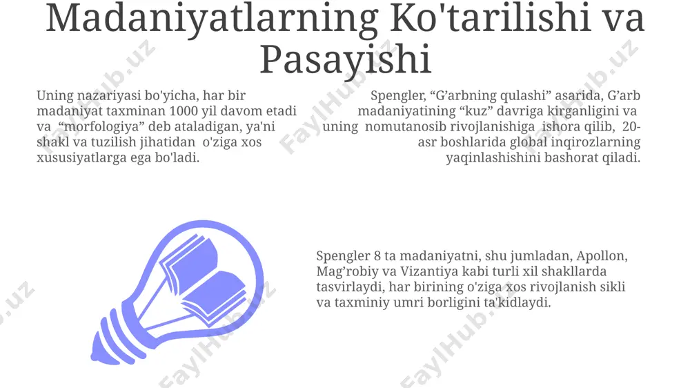 llab, g'arb madaniyatining ruhiy-ma'naviy inqirozini, 1900 yildan keyingi texnologik taraqqiyotning ma'naviyatga salbiy ta'sirini ta'kidlagan. u o'zining "morfologik" yondashuvi orqali 8 ta yirik madaniyatni taqqoslab, har birining o'ziga xos hayot siklini (tug'ilish, yoshlik, balog'at, qarish va o'lim) aniqlab, g'arb tsivilizatsiyasi uchun ham shunga o'xshash so'nish jarayonini taxmin qilgan. spenglerning asosiy pessimistik prognozi, 20-asr boshlarida yozilgan "g'arbning qulashi" asarida, g'arbiy madaniyatning 2000 yillik tsivilizatsion siklining yakunlanishi va 21-asrda uning tanazzulga yuz tutishini bashorat qiladi. e'tiboringiz uchun rahmat @taqdimot_robot image1.jpeg image2.jpeg image3.jpeg