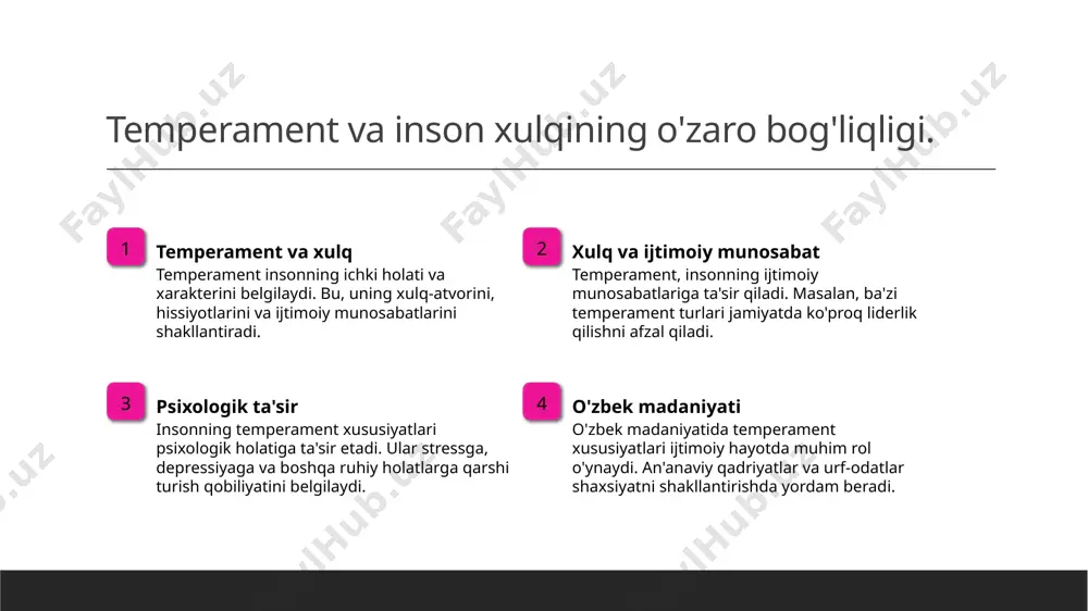 xosligini belgilaydi va ijtimoiy munosabatlarga ta'sir qiladi. 2 madaniyat va temperament - o'zbek madaniyatida temperamentning o'ziga xos jihatlari mavjud bo'lib, bu an'analar shaxsiyatni shakllantirishda muhim rol o'ynaydi va milliy xususiyatlarni aks ettiradi. 3 zamonaviy psixologiya - zamonaviy psixologik nazariyalar temperament tasnifida muhim ahamiyatga ega bo'lib, inson xulqini tushunishda yangi yondashuvlar va metodlarni taklif etadi. e'tiboringiz uchun rahmat! /docprops/thumbnail.jpeg