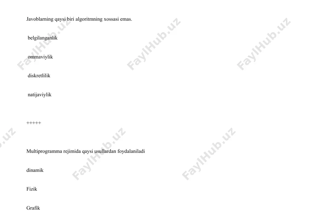 enejerlar xakerlar +++++ ....- yevropa kompyuter tarmog‘i uyushmasi bo‘lib, asosan u unix operatsion tizimida ishlaydi. asosan uucp va tcp/ip da ishlaydi. nic(network information centre) eunet (europe union network) milnet (military network) csnet (computer and science network) +++++ tizim boshqaruvi ostida bir vaqtda foydalaniluvchi jarayonlar bir vazifali, ko’p vazifalilar soniga ko’ra bir protsеssorli, ko’p protsеssorlar soniga ko’ra buyruq va ob'еktli-yo’naltirilganligiga ko’ra tarmoqli, lokalliligiga ko’ra +++++ arxiviator dasturlari bu – fayllarni maxsus formatga o`tkazad komp’yuter ishini to`xtatadia virusga tekshiradi ms-dos buyruqlari bilan ishlaydi +++++ fayllar tuzilishining asosiy birligi nimalar ma`lumotlar kataloglar xotira grafiklar +++++ dasturiy ta'minot tomonidan bajariladigan funktsiyalariga bog’liq xolda ularni nеchta guruxga bo’lish mumkin va ular qaysilar? 2 turga, tizimli dasturiy va amaliy dasturiy ta'minot faqat amaliy dasturiy ta'minot 3 turga, dasturiy ta'minot, amaliy dasturiy ta'minot, foyda-lanuvchi dasturiy ta'minoti 2 turga, sеrvis dasturiy ta'minot, ama-liy dasturiy ta'minot +++++ matnga yangi so`zni qo`shish qanday bajariladi yangi so`zni qo`shishi matnning kursor turgan …