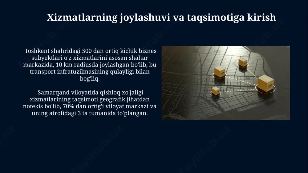 igi tufayli, elektron tijorat xizmatlarining rivojlanishi 20% ga sekinlashgan, bu esa taqsimotning raqamli tengsizliklarini ko'rsatadi. toshkent shahrida joylashgan 50 dan ortiq kichik va o'rta biznes korxonalarining 70% chakana savdo va xizmat ko'rsatish sohasida faoliyat yuritmoqda, bu esa geografik jihatdan nosimmetrik taqsimotni aks ettiradi. mehnat resurslari va xizmatlarning joylashuvi самарқанд вилоятидаги қишлоқ хўжалиги хизматларининг географик тарқалиши нотекис бўлиб, 30% ишлаб чиқариш қуввати вилоятнинг шимолий ҳудудларида, қолган 70% жанубий ҳудудларда жамланган. андижон шаҳридаги 20 та йирик логистика компанияларининг 15 таси транспорт йўлларининг чорраҳаларида жойлашган бўлиб, бу уларнинг юк ташиш ва етказиб бериш самарадорлигини оширади. e'tiboringiz uchun rahmat @taqdimot_robot image5.jpg image6.jpg image7.jpg image8.jpg image9.jpg image10.jpg image11.jpg image12.jpg image13.jpg image14.jpg image15.jpg image16.jpg image17.jpg image18.jpg image19.jpg image1.jpg