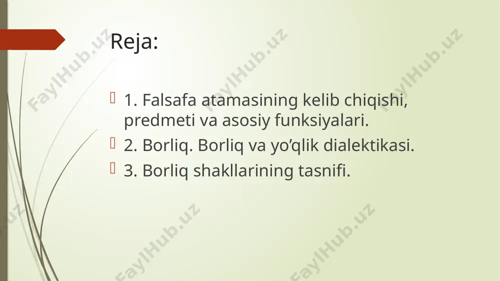 zaruratidan vujudga kelgan edi. uning eng asosiy qadriyati erkinlik tushunchasi ekanini, ana shu erkin hayot to‘g‘risidagi qarashlar buyuk madaniy yuksalishga asos bolganini aksariyat olimlar alohida ta’kidlaydilar. falsafa kishilarga olam to‘g‘risida yaxlit tasawur beradi, boshqa fanlar esa, uning ayrim jihatlarini o‘rganadi. masalan, biologiya o‘simlik va hayvonot dunyosini, turlarining kelib chiqishi, o‘zgarishi va takomillashib borishi kabi masalalarni o‘rganadi. bu sohaga oid fanlar ushbu yo‘nalishdagi jarayonlarning ba’zi xususiyat va jihatlarini chuqurroq tadqiq etishga harakat qiladi. binobarin, biolog har qanday rivojlanish jarayoni bilan emas, balki faqat jonli tanadagi rivojlanish jarayoni bilan qiziqadi. umuman, rivojlanish jarayonining o‘zi nima, uning mohiyati qanday? masalaning aynan «shu taxlitda qo‘yilishi ilmiy muammolarni falsafiy masalaga aylantiradi. ya’ni, shu tariqa muayyan mavzu oddiy ilm sohasidagi yo‘nalishdan falsafiy muammo tusini oladi. falsafaning borliq haqidagi ta’limotni izohlaydigan qismi — ontologiya deb ataladi (bu tushunchani falsafada birinchi bor x. volf qollagan). olam va borliq masalalarini falsafaning ana shu sohasi o‘rganadi. yo‘qlik hech nima demakdir. …