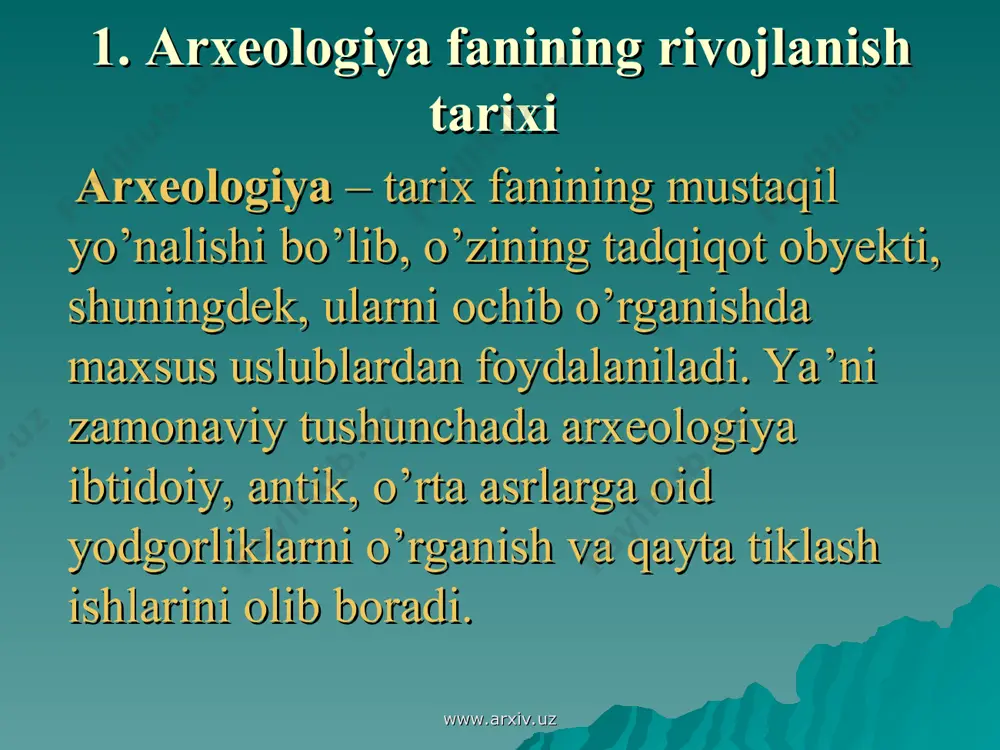 adimgi tarixi yaratilmoqda arxeologiya mustaqillik yillarida www.arxiv.uz 1. arxeologik yodgorlikning umumiy ko`rinishi 2. arxeologik qazishma jarayoni 3. arxeologik tadqiqot natijasida olingan madaniy qatlam www.arxiv.uz www.arxiv.uz savollar 1. arxeologiya so`zi qanday lug`aviy ma’noni anglatadi? 2. arxeologiya fani nimani o’rgatadi? 3. arxeologiya fanining vazifalarini ayting? 4. vatanimiz hududida ilk bora arxeologik tadqiqot ishlarini olib borgan olim kim? 5. quyidagi suratlardan qaysi biri arxeologik yodgarlik bo`lib hisoblanadi? www.arxiv.uz www.arxiv.uz arxeologik manbalarni shartli ravishda 2 turga bo’lish mumkin: 1. tabiiy manbalar inson va hayvon suyaklari, o’simliklar qoldiqlari va geologik qatlamlar bo’lib, ularni asosan zoologlar va botaniklar o’rganadi. 2. sun’iy yoki inson tomonidan yaratilgan manbalar. ular mehnat qurollari, yarog’-aslahalar, sopol idishlari, san’at va zeb-ziynat buyumlari, qoyatosh rasmlari, yozuv hamda uning manbalari va hakozolar www.arxiv.uz www.arxiv.uz arxeologik ekspeditsiyalar deyilganda viloyat, shahar, tuman, qishloq va boshqa joylarda moddiy madaniyat yodgorliklarini dala tadqiqot yo’li bilan o’rganish usuli tushuniladi www.arxiv.uz www.arxiv.uz arxeologik ekspeditsiya va otryadlarning ish uslubi uch bosqichli …