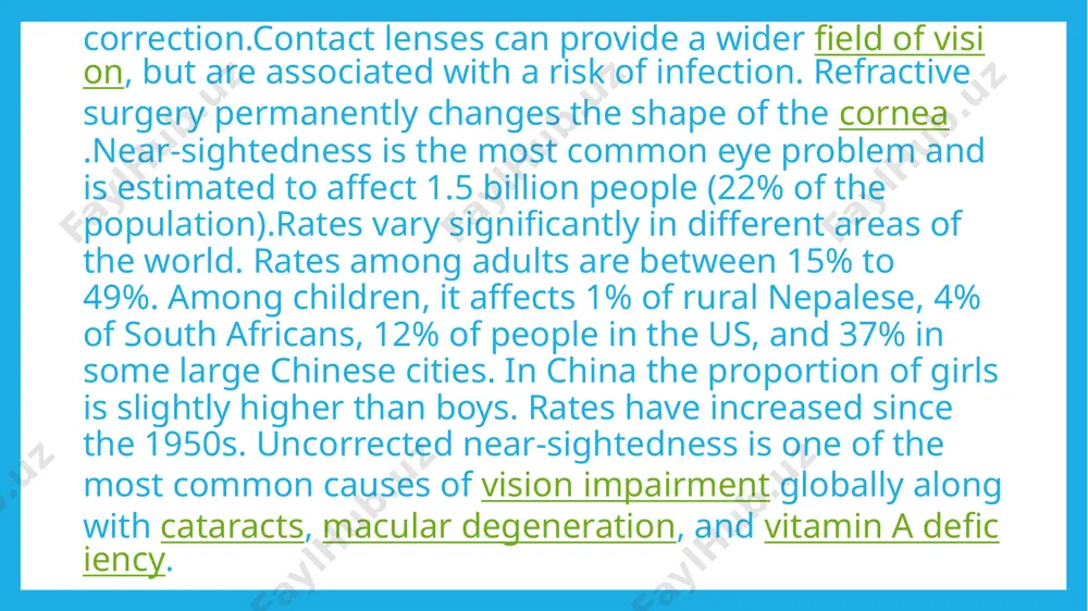 elopment. the carriers of the high-risk genes have a tenfold increased risk of myopia.aberrant genetic recombination and gene splicing in the opnlw1 and opnmw1 genes that code for two retinal cone photopigment proteins can produce high myopia by interfering with refractive development of the eye. diagnosis a diagnosis of myopia is typically made by an eye care professional, usually an optometrist or ophthalmologist. during a refraction, an autorefractor or retinoscope is used to give an initial objective assessment of the refractive status of each eye, then a phoropter is used to subjectively refine the patient's eyeglass prescription. other types of refractive error are hyperopia, astigmatism, and presbyopia.[1] image1.png image2.png image3.jpeg image4.jpeg /docprops/thumbnail.jpeg