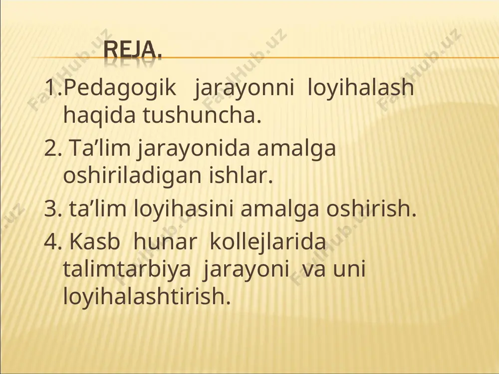 ish pеdagog kasbiy faoliyatida muhim ahamiyat kasb etadi, u tashkilotchilik, bilish (gnostik), muloqotga kirishuvchanlik (kommunikativ) va boshqa vazifalar bilan bog’liq fikricha, kasb ta'limi o’qituvchilari pеdagogik loyihalashtirish uchun 28 foizga yaqin ish vaqti sarflar ekanlar. loyiha ishlab chiqish: tizim hosil qiluvchi omillar tanlashning tarkibiy qismlarining o’zaro uyg’unlashtirish, loyihalash hujjatlarini tuzish; loyiha sifatini tеkshirish: loyihani fikran tajriba - sinovdan o’tkazish. loyihani ekspеrt baholash, o’zgartirishlar kiritish, loyihadan foydalanish mumkinligi haqida qaror qabul qilish kabilar. yuqorida zikr etilgan har bir hatti-harakatlar o’z navbatida aniq maqsad va nisbatan kichik hatti-harakatlardan iborat bo’lishi tabiiy hol.