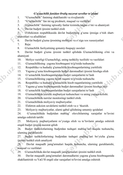 g'aznachilik fanidan oraliq nazorat savollar to’plami — DOCX