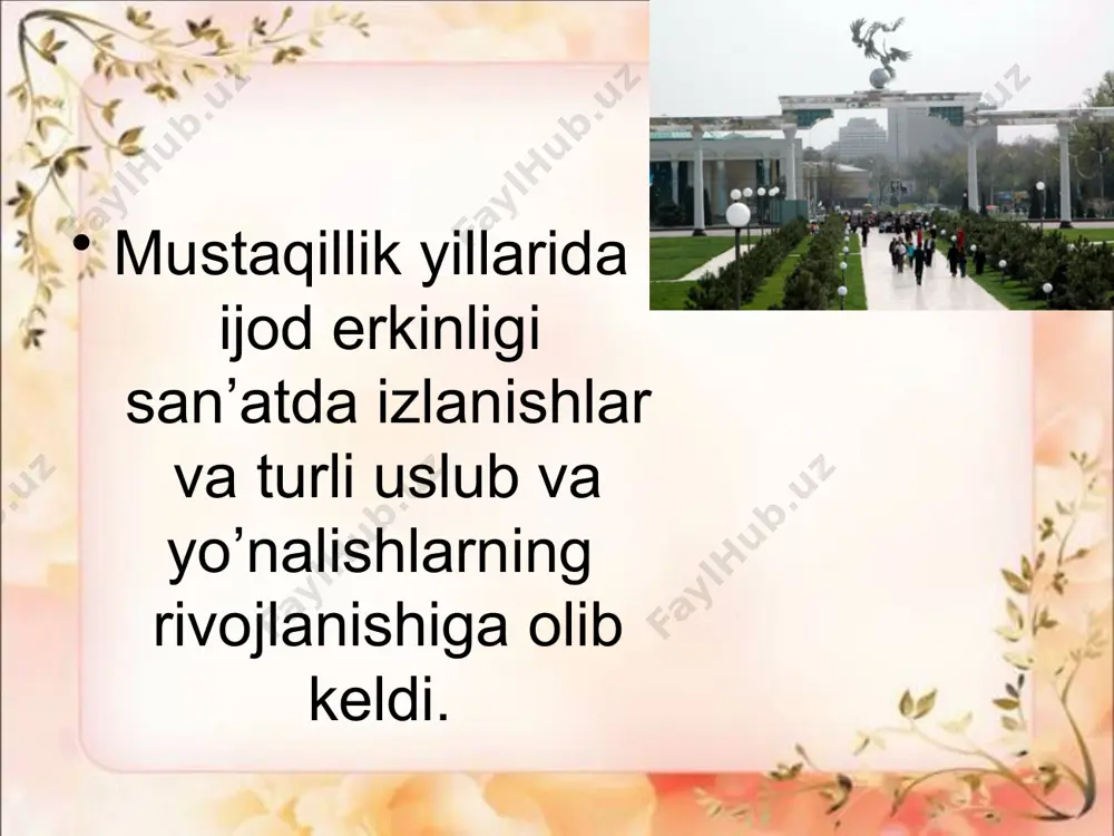 da o’z ifodasini topadi. shu san’atda ijod qilgan a.ikromjonov, s.raxmetov kabi rassomlar shu ijodida shu san’atning yangi qirralarini ko’rish mumkin. manzarachilik san’ati ham o’zining yangi qirralarini namoyon eta boshladi. rahim axmedov, ne’mat qo’ziboev, anvar mirsoatov manzaralari o’zining xis tuyg`ularga boy xislatlari bilan yangi davr ruxini ifodalaydi. mustaqillik yillari miniatyura san’atining haqiqiy rivojlanish davri bo’ldi. ayniqsa. lokli miniatyura san’atining o’zining kamolatiga erishdi. sh.muhamadjonov, g.kamolov, t.boltaboev, x.nazirov, a.yo’ldoshev. b.yo’ldoshev, u.qosimov, f.raxmatullaev, sh.shoaxmedov, a.tursunov kabi miniatyurachilar ijodida shu san’atning ajoyib namunalari yaratildi. bu san’atda niyozalixolmatovga akademik unvoni berildi. o’zbekiston respublikasida mustaqillik yillarida ko’plab fukarolik va sanoat binolari, arxiteketura majmualari yaratildi. bular jumlasiga ko’plab komplekslarni keltirish mumkinki, ularning barchasini barpo etishni loyihasiz tasavvur etib bo’lmaydi. image1.jpeg image2.jpeg image3.jpeg image4.jpeg image5.jpeg image6.jpeg image7.jpeg image8.jpeg image9.jpeg image10.jpeg image11.jpeg image12.jpeg image13.jpeg image14.jpeg