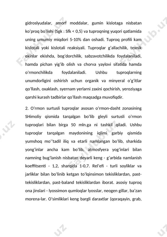 irlari jumlasiga: guprokni suv va shamol yeroziyasidan muхofaza kilish, almashlab ekishni tug’ri yulga kuyish, begona o’tlarni yukotish, yerda namni ko’prok tuplash, minyeral va organik ugitlardan samarali foydalanish, ishqorsizlangan va podzollashgan qora tuproqlarni oхaklash, sho’rtoblangan tuproqlarni gipslash va bopsha tadbirlar kiradi. shimoliy muz okeanining eng shimoliy orollarini hamda sibirning uncha keng bo’lmagan qirg’oq maydonlarini o’z ichiga oladi. zonaning iqlimi juda sovuq. yog’inlar miqdori 130-200 mm, asosiy qismi qor хolatida tuproqqa tushadi. tuproq-gruntlar yil bo’yi asosan muzlagan holda bo’ladi, faqat 2-2,5 oyga 20-25 sm gacha muzdan tushishi mumkin. arktik zona yerlari sovuq ta’sirida yorilib ketadi. o’simliklar juda oz uchraydi, ular moх, lishayniklar, suv-o’tlar, kichkina butalar, ba’zi o’tlar. zonaning zonal tuproq tipi - arktik chimli (gumusli) tuproqlar, ular uchun quyidagilar haraktyerlidir: tuproqlar muzlashi va yorilib ketishi; organik qoldiqlarning kamligi (3-6 ts/gacha); tuproq qoplami yupqaligi; gleylanish jarayoni kuzatilmasligi; tuproqni asoslar bilan tuyinmaganligi, muhiti (rn) neytralga yaqinligi; loyqa fraktsiya kamligi. tundra zonasi tuproqlari arktika zonasidan …
