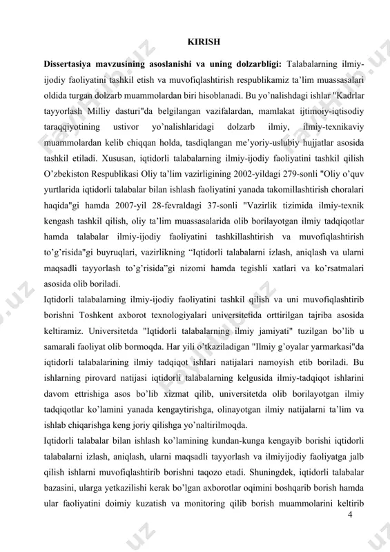 b borilayotgan ilmiy izlanishlar bilan aloqasini o’rnatadi. kuzatuvlar shuni ko’rsatadiki, oliy ta’lim muassasalarida iqtidorli talabalar bilan ishlash jarayoni yetarli darajada virtuallashtirilmagan va ularga ko’rsatilayotgan interaktiv xizmat turlari kam hamda talab darajasida emas. shu sababdan, ushbu tadqiqot ishi - « iqtidorli talabalarga o’quv-uslubiy interaktiv xizmat ko’rsatish dasturiy ta’minotini yaratish » deb nomlangan dolzarb mavzuga bag’ishlangan. tadqiqot ob’ekti va predmetining belgilanishi: tadqiqot ob’ekti sifatida tatu iqtidorli talabalar bilan ishlash jarayoni belgilandi. dissertatsiya ishining tadqiqot predmeti sifatida esa tatu iqtidorli talabalar bilan ishlash jarayoni ma’lumotlar bazasi vertuallashtirilsh maqsadida iqtidorli talabarga o’quv-uslubiy interaktiv xizmat ko’rsatish dasturiy ta’minoti – alohida veb saytni loyihalashtirish, yaratish va u orqali talabalarga ko’rsatilayotgan interaktiv xizmatlar samarasi oshirish muammosi olindi. tadqiqot maqsadi va vazifalari: mazkur dissertatsiya ishining maqsadi iqtidorli talabalarga mo’ljallangan o’quv-uslubiy interaktiv xizmat ko’rsatuvchi, iqtidorli talabalar bilan ishlash jarayonini vertuallashtiruvchi dasturiy ta’minotni ishlab chiqishdan iborat bo’lib, iqtidorli talabalar ehtiyojlaridan kelib chiqib mazkur dasturiy ta’minot yordamida ularga interaktiv xizmat ko’rsatishni …