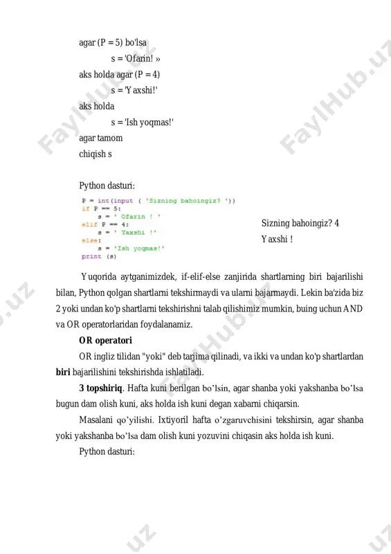 irsin, agar shanba yoki yakshanba bo’lsa dam olish kuni yozuvini chiqasin aks holda ish kuni. python dasturi: hafta kunini kiriting? yakshanba dam olish kuni ! and operatori and ingliz tilidan "va" deb tarjima qilinadi, va ikki va undan ko'p shartlarning barchasi bajarilishini tekshirishda ishlatiladi. and operatori bilan yozilgan shartlarning barchasi bajarilgandagina true qiymati qaytadi, agar shartlardan biri bajarilmay qolsa ham false qiymati qaytadi. 4 topshiriq. butun tipga tegishli x o‘zgaruvchi berilgan. uning qiymatiga mos keluvchi f funksiyaning butun qiymati hisoblansin. python dasturi: x ga qiymat kiriting: 3 f(x)= 6 5 topshiriq. ikkita haqiqiy son berilgan. agar ularning birinchisi ikkinchisidan kichik bo‘lsa, uni nol bilan, aks holda berilgan sonlarning o‘rta arifmetigi bilan almashtiring. python dasturi: ikkita haqiqiy son kiriting a=9 b=2 birinchi son katta = 5.5 6 topshiriq. ikkita haqiqiy son berilgan. bu sonlarning kichigini yarim yig‘indisi bilan, kattasini esa ko‘paytmasi bilan almashtiring. python dasturi: ikkita haqiqiy son kiriting a=9 b=5 …