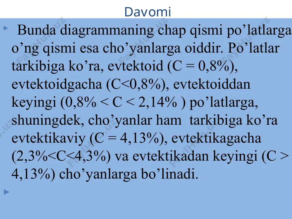 ik pо’latlari у7, у8, у8г, у9, у10, у11, у12,у13, у7а, у8га, у10а, у9а, у11а, у12а, у13а kabi markalanadi. bunday markalar tarkibidagi у harfi pо’latning uglerodli ekanligini, raqamlar esa o’nning bir ulushidagi uglerod miqdorini (foiz hisobida), г - pо’lat tarkibida marganes miqdorining kо’pligini, a - harfi pо’latning yuqori sifatli ekanligini ifodalaydi. оlovbardosh metallar yuqori temperaturalarda oksidlanmaydigan metall va qotishmalar ham bо‘ladi, ular olovbardosh metallar deb ataladi. olovdonlar, dvigatellarning yuqori temperaturada ishlaydigan detallari, bug‘ qozonlarining yuqori temperaturali gaz yoki alanga о‘tkazuvchi quvurlari va shu kabilar olovbardosh qotishmalardan tayyorlanadi. shunday qotishmalar ham borki, ular yuqori temperaturalarda oksidlanmaslik bilan birga, о‘zining mexanikaviy xossalarini (qattiqligini, mustahkamliginn va shu kabi xossalarini) saqlab qoladi. bunday qotishmalar issiqbardosh qotishmalar deb ataladi. yuqori temperaturalarda yuklanishlar ostida ishlaydigan detallar issiqbardosh qotishlalardan tayyorlanadi. alyuminiy va uning qotishmalari alyuminiy metallar orasida eng ko‘p tarqalgan va bu jihatdan 1-o‘rinda turadi. mashinasozlikda eng ko‘p tarqalgan, chunki nisbiy puxtaligi, elektr va issiqlik yaxshi o‘tkazishi, zanglamasligi …