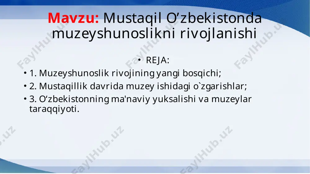 iy haykal o`rnatildi. 1996 yilning 18 oktabr kuni mamlakatimiz poytaxti toshkentda buyuk sarkarda va davlat arbobi amir temurga atab sharq milliy me`morchiligining noyob va mo`jizaviy namunasi sifatida bunyod etilgan temuriylar tarixi davlat muzeyining tantanali ochilish marosimi bo`lib o`tdi. prezident i.karimov muzey ochilish marosimida so`zlab «bugun zo`r shodiyona- bilan ochilayotgan temuriylar tarixi davlat muzeyi sohibqiron shahsiyatiga nisbatan yurtimizdagi tarixiy adolat tantana qilganing yana bir amaliy isbotidir. 1996 yil 1 sentabrda davlatimiz mustaqilligining 5 yillik to`yida toshkentda o`zbekiston respublikasining prezidenti i. a. karimov va xalqaro olimpiya qo`mitasi (xoq) raisi x. a. samaranch olimpiya shon-shuhratmuzeyining tantanali ravishda ochdilar. muzeyni ochish marosimida sportchilar, murabbiylar, jismoniy tarbiya va sport davlat qo`mitasi, o`zbekiston olimpiya qo`mitasi, sport klublari, va jamiyatlari vakillari ishtirok etishdi. o‘zbekistonning ma'naviy yuksalishi va muzeylar taraqqiyoti hozirgi kunda jamiyat hayotida, xalqni fan va madaniyat bilan yaqindan tanishuvida, ilm-fan va madaniyat rivojida, shuningdek xalq maorifida muzeylarning o’rni tabora o’sib bormoqda. mustaqillik tufayli respublikamizda muzeylarga bo‘lgan …
