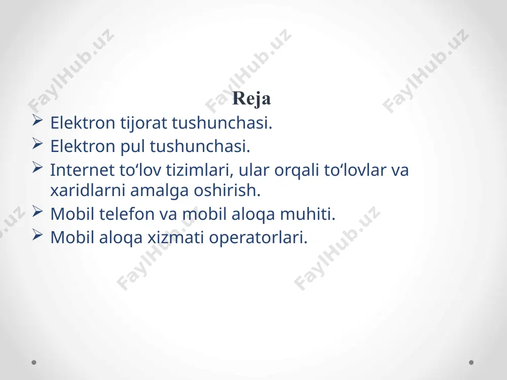 gaytiradi va yangilaydi. endi sotuvchi mahsulotlarini sotish jarayonini tezlashtirishi, yangi va sifatli mahsulotlarni muntazam almashtirishi, mahsulotlarning aylanma xarakatini tezlashtirishi kerak bo‘ladi; elektron tijoratda savdoni tashkil qilish firmalarning raqobatini kuchaytiradi, monopoliyadan chiqaradi va mahsulotlarning sifatini oshirish imkoniyatini beradi. xaridorlar kundalik xayotida kerakli mahsulotlar ichida sifatlilarini tanlashi mumkin. chet el firmalariga murojaat qiladi. elektron pul – bu pul birligiga tenglashtirilgan belgilar hamda kupyura va tanga rolini bajaruvchi juda katta son yoki fayllardir. bunday tizimning faoliyat ko‘rsatish harajatlari boshqalaridan ancha kam. bundan tashqari, elektron pullar to‘liq anonimlikni ta’minlashi mumkin, chunki uni ishlatgan mijoz haqida hech qanday ma’lumot berilmaydi. . 5 texnika vositalaridan, axborot texnologiyalaridan va axborot tizimlari xizmatlaridan foydalangan holda elektron to‘lov hujjatlari vositasida naqd pulsiz hisob-kitoblarni amalga oshirish elektron to‘lovdir. elektron to‘lov tizimida tovar/xizmatlar to‘lovi xaridorning elektron hisobidan shaxsiy bank raqami hisobiga pul mablag‘larini chiqarish imkoniga ega bo‘lgan sotuvchining elektron hisobiga pul mablag‘larini o‘tkazish yo‘li bilan amalga oshiriladi. 6 internet-banking. to‘lov tizimlari …