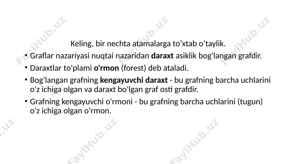 cha berilgan: birinchidan, biz tasodifiy tanlangan cho'qqi bilan mstni ishga tushirishimiz kerak. endi biz yuqoridagi bosqichdagi daraxtni yangi uchlari bilan bog'laydigan barcha qirralarni topishimiz kerak. topilgan qirralardan minimal chekkani tanlang va uni daraxtga qo'shing. minimal kenglikdagi daraxt hosil bo'lguncha 2-bosqichni takrorlang. prim algoritmining ilovalari - prim algoritmidan tarmoqni loyihalashda foydalanish mumkin. u tarmoq davrlarini yaratish uchun ishlatilishi mumkin. bundan tashqari, elektr simlarini yotqizish uchun ham foydalanish mumkin. prim algoritmiga misol keling, misol yordamida prim algoritmining ishlashini ko'rib chiqamiz. misol yordamida primerning algoritmini tushunish osonroq bo'ladi. aytaylik, vaznli grafik - 1-qadam - birinchidan, yuqoridagi grafikdan cho'qqini tanlashimiz kerak. keling, b ni tanlaymiz. 2-qadam - endi biz b cho'qqisining eng qisqa chetini tanlashimiz va qo'shishimiz kerak. b cho'qqisining og'irligi 10 bo'lgan b dan c gacha bo'lgan ikkita qirrasi va og'irligi 10 ga teng bo'lgan b dan d gacha bo'lgan ikkita qirrasi bor. qirralar orasida bd qirrasi bor. minimal vazn. shunday qilib, uni …