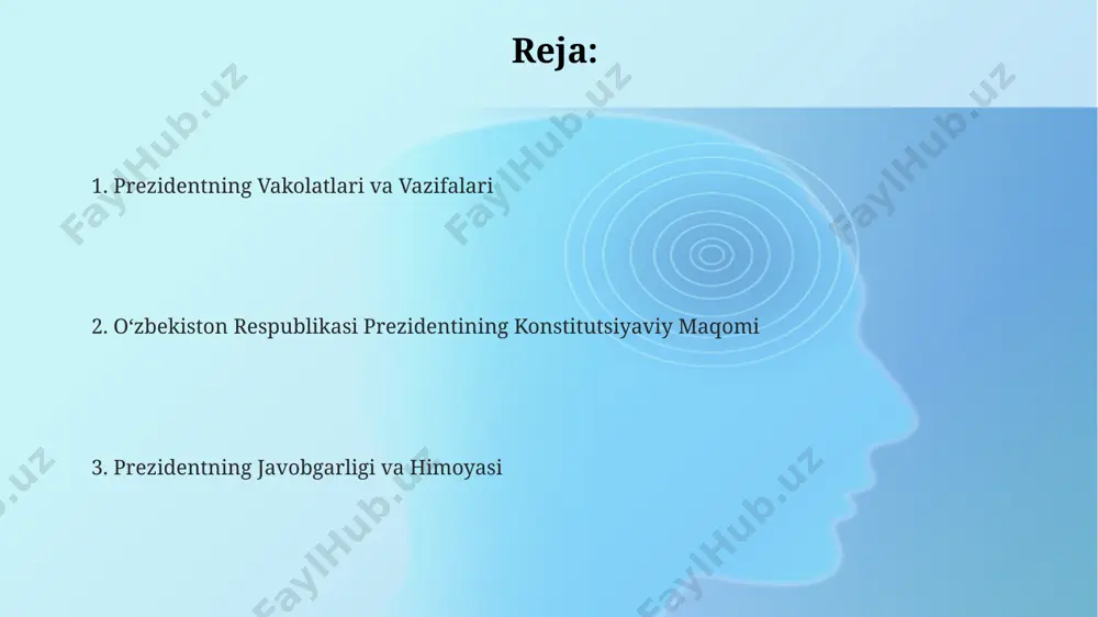 nadi. prezidentning saylanishi va lavozimdan ozod etilishi konstitutsiyaga koʻra, prezidentni lavozimidan ozod qilish faqatgina impichment tartibi orqali amalga oshirilishi mumkin, bu esa oʻzbekiston oliy majlisining ikki palatasi tomonidan qoʻllab-quvvatlanishi kerak. prezident lavozimidan isteʼfo berishi, vafoti yoki lavozimga layoqatsizligi holatlarida, konstitutsiyaga muvofiq, muddatidan oldin lavozimidan ozod qilinishi mumkin, shundan keyin 3 oy ichida yangi saylov oʻtkaziladi. prezident besh yil muddatga xalq tomonidan toʻgʻridan-toʻgʻri, yashirin ovoz berish yoʻli bilan saylanadi va bir martalik qayta saylanishi mumkin. e'tiboringiz uchun rahmat @taqdimot_robot image1.png