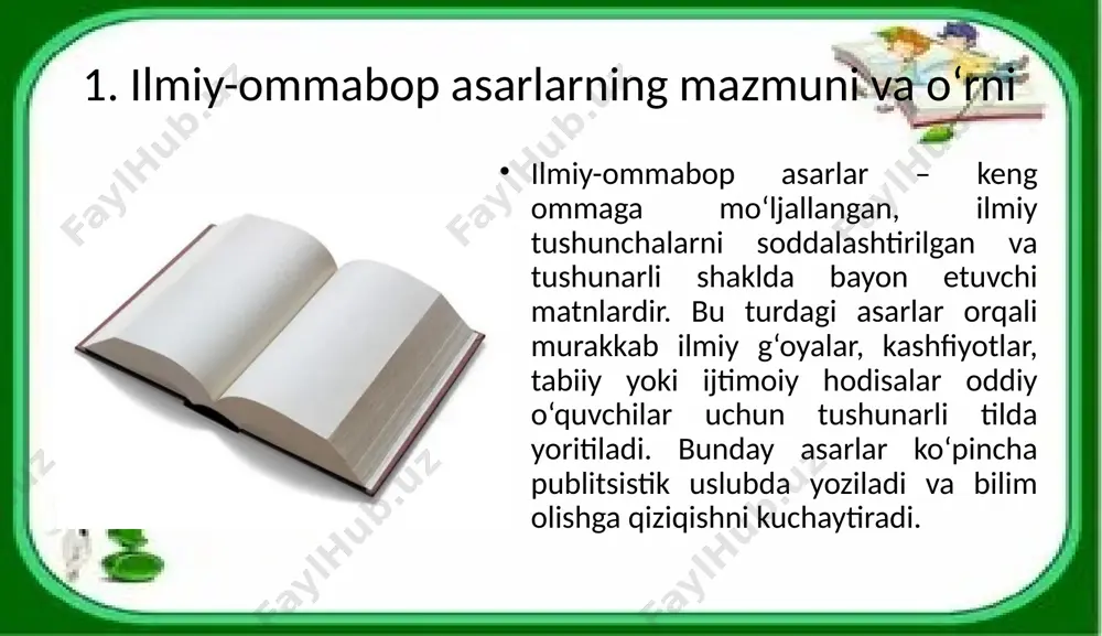 tahlil jarayonida o‘qituvchi quyidagi metodlardan foydalanishi mumkin: savol-javob usuli jadvallar tuzish taqqoslash (ilmiy haqiqat – kundalik hayotdagi ko‘rinish) grafik va chizmalar bilan ishlash tajribalar orqali tushunchalarni mustahkamlash xulosa ilmiy-ommabop asarlarni o‘rganish va tahlil qilish orqali o‘quvchilar ilmga qiziqadi, murakkab tushunchalarni soddalashtirib tushunishga o‘rganadi. bu jarayon nafaqat ularning bilim doirasini kengaytiradi, balki hayotga ilmiy asosda yondashish ko‘nikmasini ham shakllantiradi. shuning uchun maktabda ilmiy-ommabop matnlarni tahlil qilishga alohida e’tibor qaratish lozim. foydalanilgan adabiyotlar: qodirova m. – matn ustida ishlash metodikasi. – toshkent, 2021. o‘rinboyeva d. – boshlang‘ich sinfda ifodali o‘qish. – samarqand, 2020. www.ziyonet.uz – ilmiy-ommabop maqolalar elektron bazasi o‘zbekiston milliy ensiklopediyasi – fan va texnika bo‘limi darsliklar va metodik qo‘llanmalar (boshlang‘ich ta’lim) image2.jpeg image3.jpeg image1.png /docprops/thumbnail.jpeg