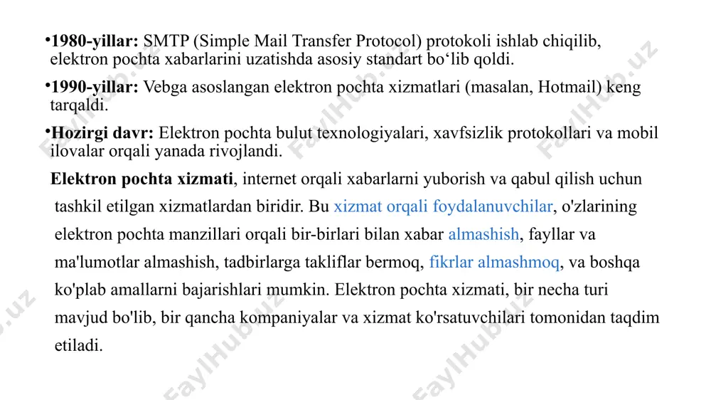 rni o‘qiydi. elektron pochta xavfsizligi elektron pochta xizmatining xavfsizligi foydalanuvchi ma’lumotlarini himoya qilish uchun muhimdir. quyida asosiy xavfsizlik choralari keltirilgan: shifrlash texnologiyalari ssl/tls protokollari: ma’lumotlarni yuborish va qabul qilish paytida ularni shifrlaydi. pgp (pretty good privacy): elektron pochta xabarlarini shifrlash uchun ishlatiladigan qo‘shimcha vosita. ikki faktorli autentifikatsiya (2fa) kirish paytida foydalanuvchi paroldan tashqari qo‘shimcha kodni kiritadi. bu hisob qayd yozuvini buzishdan himoya qiladi. spam filtrlari keraksiz reklama va zararli (phishing) xabarlarni avtomatik aniqlaydi va bloklaydi. foydalanuvchini zararli havolalar va viruslardan himoya qiladi. havfli ilovalarni bloklash ko‘pchilik pochta xizmatlari (masalan, gmail) shubhali yoki virusli fayllarni ochishga ruxsat bermaydi. xavfsizlik bo‘yicha maslahatlar: kuchli parol ishlating va uni muntazam yangilang. spam xabarlarni ochmang va ulardagi havolalarga kirmang. hech qachon o‘z parolingizni boshqa odamga bermang. xulosa elektron pochta xizmati zamonaviy jamiyatning ajralmas qismiga aylangan. protokollar, serverlar va mijoz dasturlari yordamida foydalanuvchilar tezkor, ishonchli va xavfsiz aloqa o‘rnatish imkoniga ega. xizmatlar rivojlanib borar ekan, xavfsizlik …