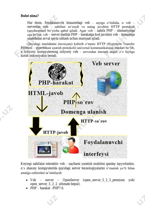 ga egaligi bilan mashhur va ko‘pgina dasturchilarning sevimli serveriga aylangan, uning yaratilgan versiyalari tez-tez paydo bo‘ladi, yangilash jarayoni foydalanuvchi uchun sodda va qo‘lay tarzda amalga oshiriladi, qo‘shimcha modullari ham mavjud. appserv serveri (sayt – www.appservnetwork.com) – juda yaxshi server bo‘lib, uni osongina o‘rnatish va barcha distributivlarini bir daqiqa ichida ishchi holatga keltirish mumkin. ushbu serverning birinchi qo‘llanilishi 2001 yilga to‘g‘ri keladi va shundan keyin undan foydalanuvchilar soni har doim ortib bormoqda. appservning o‘rnatilishi oson, u ayrim va maxsus relizlarga nisbatan turg‘un (stabil) holatda ishlaydi, hamda uning ishonchli ish samaradorligi foydalanuvchi kompyuterida to‘laqonli veb server yaratish imkoniyatini beradi. vertigoserv serveri (sayt – www.vertrigo.sourceforge.net) – yana bir unchalik yomon bo‘lmagan va local serverga sodda o‘rnatiladigan serverdir. serverni yig‘ish o‘ta nozik ish bo‘lib, uning ish samaradorligi yaxshi va diskda kam joy egallaydi. afsuski, u hozircha faqatgina windows os da ishlaydi. http://www.apachefriends.org/en/xampp.html http://www.appservnetwork.com/ http://www.vertrigo.sourceforge.net/ zend server community edition serveri (sayt – www.zend.com) – bu …