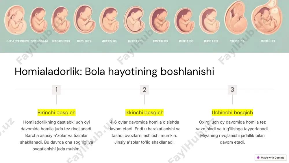 oziqlantirish va ko'z aloqasi bu jarayonda muhim rol o'ynaydi. moslashish davri chaqaloq tashqi dunyoga moslashishi uchun bir necha hafta kerak bo'ladi. bu davrda ota-onalar sabr-toqatli bo'lishlari va chaqaloqning ehtiyojlariga e'tiborli bo'lishlari kerak. 4 chaqaloqlik davrining o'ziga xos xususiyatlari yosh jismoniy rivojlanish kognitiv rivojlanish ijtimoiy-hissiy rivojlanish 0-1 oy reflekslar faol, boshini qisqa vaqt ko'tara oladi yaqin masofaga fokuslanadi, tanish ovozlarga e'tibor beradi yig'i orqali muloqot qiladi 1-3 oy boshini ko'tara oladi, qo'llarini ochib yopadi narsalarni kuzatadi, jilmayishni boshlaydi ijtimoiy jilmayish paydo bo'ladi 3-6 oy o'giriladi, o'tirish uchun harakat qiladi narsalarni ushlaydi, tovushlar chiqaradi kuladilar, tanish odamlarni taniy boshlaydi 5 chaqaloq miyasining rivojlanishi neyronlar o'sishi chaqaloqlik davrida miyada juda ko'p neyronlar va ular orasidagi aloqalar shakllanadi. bu jarayon atrof-muhit ta'sirida faollashadi. sezgi organlari rivojlanishi ko'rish, eshitish, hid bilish va boshqa sezgi organlari tez rivojlanadi, bu esa atrof-muhitni o'rganishga yordam beradi. til va muloqot til markazlari faollashadi, chaqaloq atrofdagilar bilan muloqot qilishni o'rganadi. …