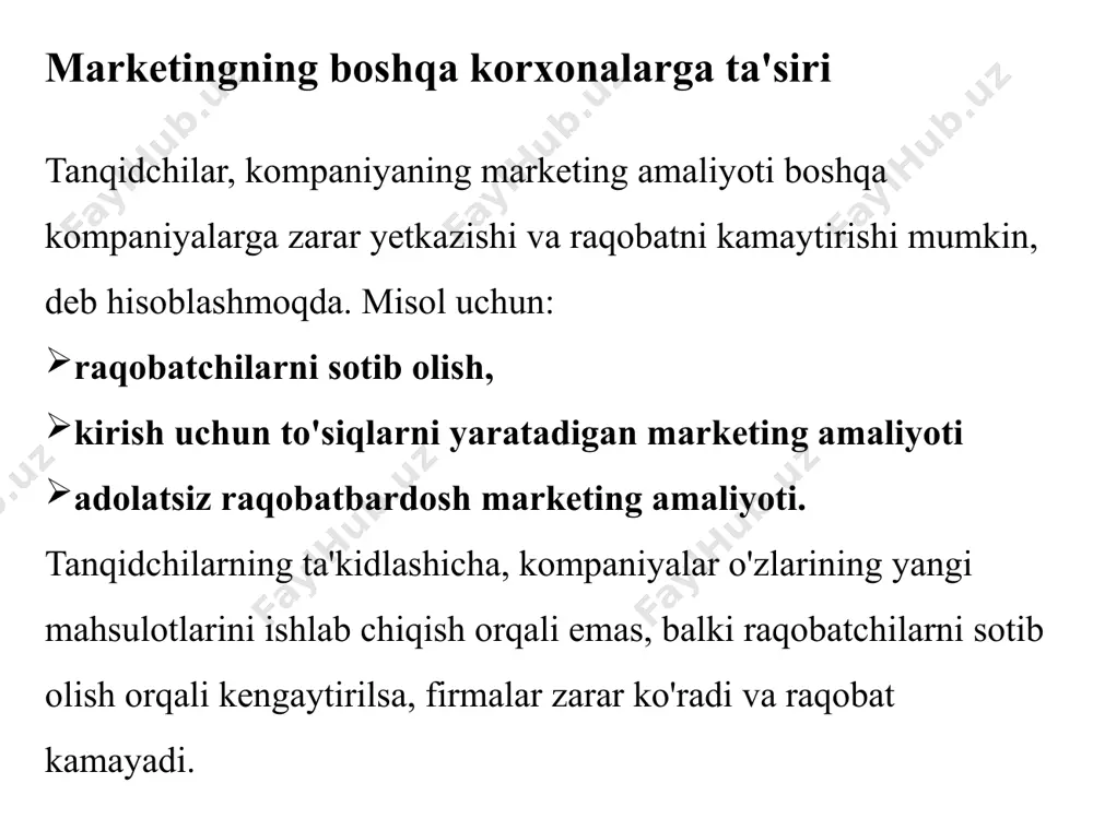 ar paydo bo'ldi. ikki asosiy harakat iste'molchilik va ekologiya edi. barqaror marketingni targ'ib qilish bo'yicha iste'molchilarning harakatlari iste'molchilik - bu fuqarolar va davlat organlarining sotuvchilarga nisbatan xaridorlarning huquqlari va vakolatlarini yaxshilash uchun uyushgan harakati. barqaror marketingni targ'ib qilish bo'yicha iste'molchilarning harakatlari an'anaviy sotuvchilarning huquqlari quyidagilarni o'z ichiga oladi: har qanday o'lcham va uslubda har qanday mahsulotni sotish huquqi (agar xavfli bo’lmasa, xavfli bo’lsa ogohlantirish bilan) o'xshash turdagi xaridorlar o'rtasida agar kamsitish bo'lmasa, mahsulot uchun har qanday narxni undirish huquqi. adolatsiz raqobat bo’lmasa, mahsulotni reklama qilish islatgancha pul sarflash huquqi sotib olishni rag'batlantiruvchi dasturlardan foydalanish huquqi, (adolatsiz yoki chalg'ituvchi bo'lmasa) barqaror marketingni targ'ib qilish bo'yicha iste'molchilarning harakatlari • sotuvga qo'yilgan mahsulotni xarid qilmaslik huquqi • tovar xavfsiz bo'lishini talab qilish huquqi • tovarning talab qilinganidek ishlashini kutish huquqi an'anaviy xaridorlarning huquqlariga quyidagilar kiradi: ammo tanqidchilar xaridorda murakkab sotuvchilarga duch kelganda oqilona qaror qabul qilish uchun juda kam ma'lumot, ta'lim va himoyaga …