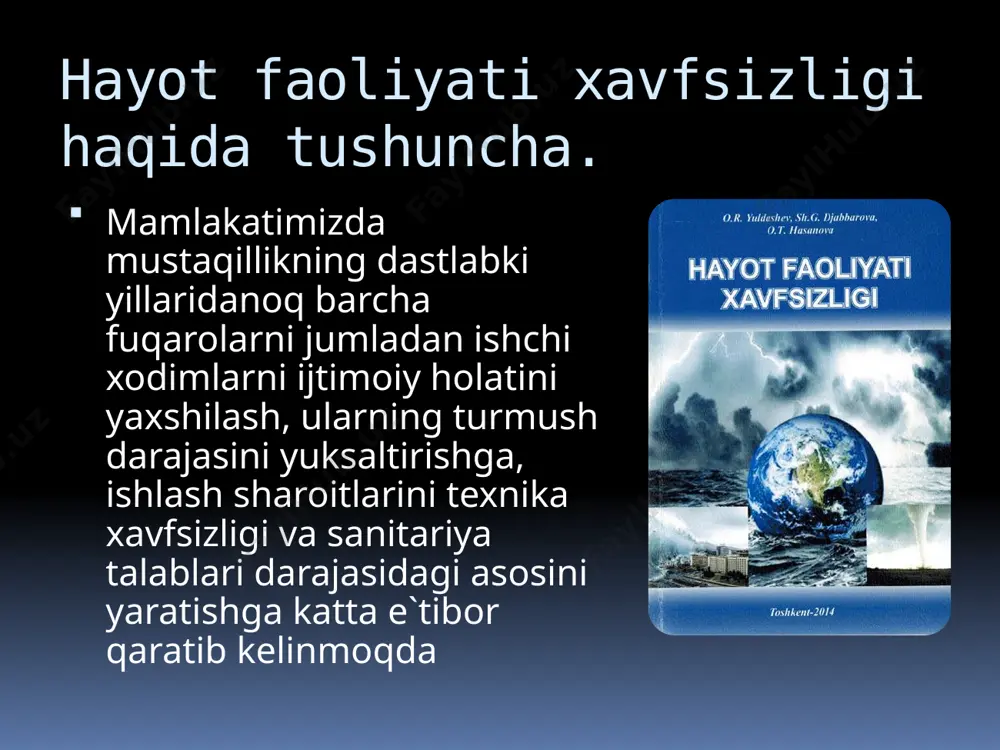 igi va sog’ligini ta`minlovchi, xavfli va zararli omillardan himoya qiluvchi amaliyot va nazariyani qamrab olgan ilmiy bilimlar majmuidir. bu fan quyidagi asosiy masalalarni yechadi: - atrof muhitning noqulay ta`sirlarini turkumlaydi (aniqlaydi va sonli baholaydi); - insonni xavflardan himoyalaydi yoki unga noqulay omillar ta`sirini oldini oladi; - xavfli va zararli omillarni ta`siri salbiy oqibatlarini tugatish; - muhitda insonga normal, shinam sharoit yaratish e’tiboringiz uchun rahmat image2.png image3.png image4.png /docprops/thumbnail.jpeg
