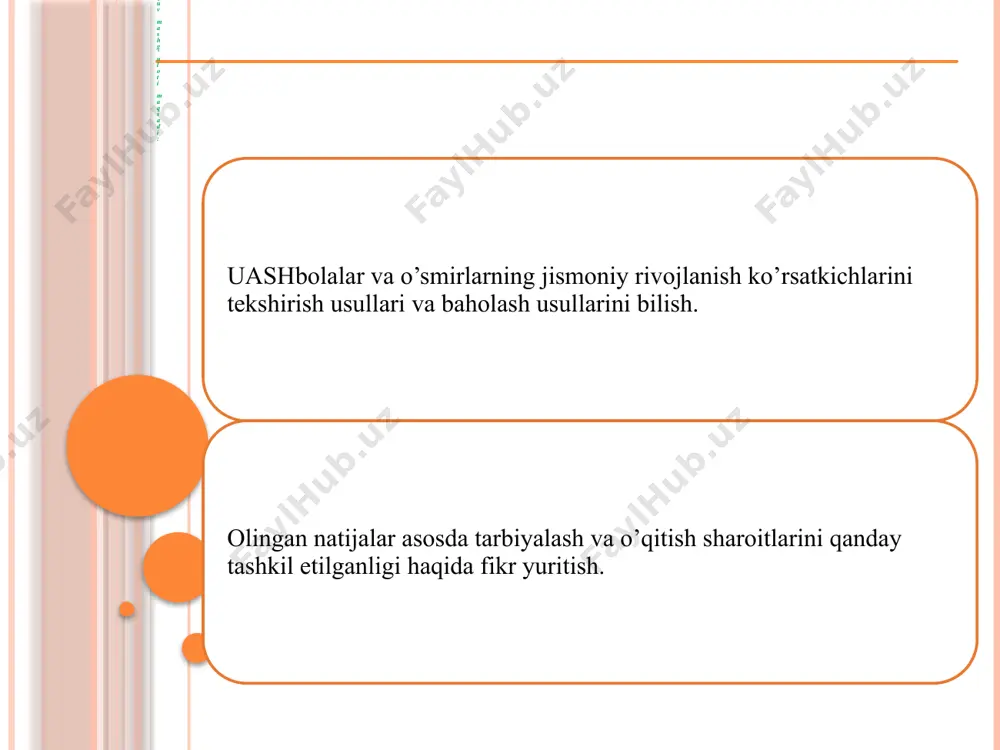 lardagi bolalarning jismoniy rivojlanishini nazorat qilishdan iborat. bu bolalarning yashash muhitidagi gigienik omillarni o’z vaqtida to’g’ri baholash va korrektsiya qilishga imkon beradi, jumladan bolalarning ovqatlanishi, jismoniy mashqlarning turi va darajasi, ish va o’qish joylarining tashkil etilganligi, to’g’ri tuzilgan kun tartibi, hamda maktabdagi mashg’ulotlarning tartibi va xarakteri, bolalar muassasalarining sanitar-texnik jihozlanganligining to’g’riligi, xonalarning yoritilish sifati kabilar. bundan tashqari jismoniy rivojlanishni shaxsiy tarzda tahlil qilish, har bir muayyan bolaga nisbatan uash ish taktikasini aniqlashga imkon beradi: qo’shimcha tibbiy tekshirishlarni o’tkazilish zaruriyati, davolovchi-sog’lomlashtirish tadbirlari. bolalar va o’smirlarning jismoniy rivojlanish ko’rsatkichlari oilada va hamda maktabgacha va maktab muassalaridagi tarbiyalash va o’qitish sharoitlarinng qanday yaratilganligiga bog’liqdir.bunday eng ko’p ahamiyatga ega bo’ladigan omillar qatoriga bolalarning ovqatlanish sifati, jismoniy yuklamalarning xarakteri va darajasi, o’qish joylarining tashkil etilganligi, oqilona tuzilgan va bajariladigan kun tartibi, maktabdagi darslarning tartibi va xarakteri, bolalar muassasalaridagi sanitar-texnik jihozlarning sozligi, xonalarning yoritilish sifati va b.q. kiradi. shuning uchun vrach bolalar va o’smirlarning jismoniy rivojlanish …