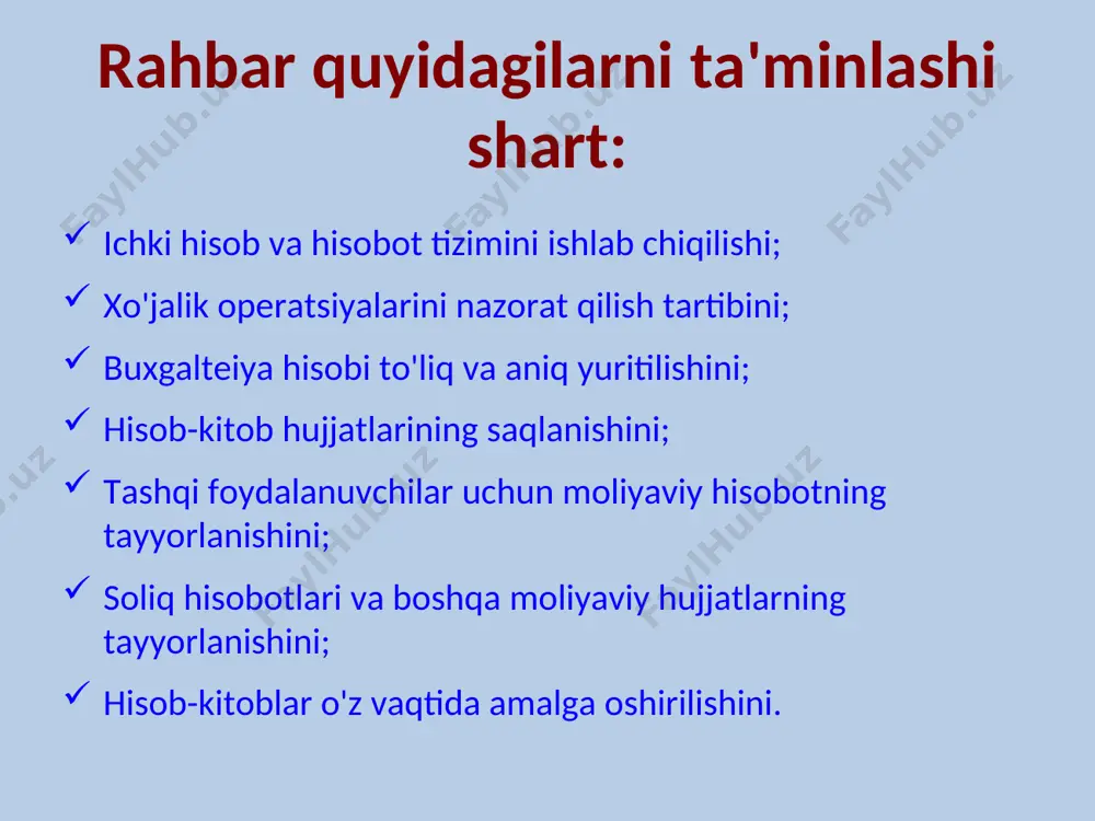 amallarini tanlash muayyan korxonaga mos bux. hisobi usullarini tanlash hisob siyosatini rasmiylashtirish (buyruq, farmoyish) i. umumiy qoidalar o'zr qonuni “buxgalteriya hisobi to'g'risida” (13.04.2016 y.) o'zr soliq kodeksi (01.01.2008 y.dan kuchga kirgan) va b. o'zbekiston respublikasi buxgalteriya hisobining milliy standarti (21-bhms) «хo'jalik yurituvchi sub'ektlarning moliya-xo'jalik faoliyati buxgalteriya hisobi schetlar rejasi va uni qo'llash bo'yicha yo'riqnoma», boshqa bhms lar buxgalteriya hisobini tashkil etish uchun rahbar mas'ul bosh buxgalter tayinlab, buxgalteriya xizmati tashkil etiladi dastlbki hujjatlar: a) namunaviy shakllarda; b) kompyuterda tuziladi buyruq № __ kibray q.f.y. 25.12.2018 y. «azizjon» fermer xo`jaligining hisob siyosatini tasdiqlash to'g'risida фermer xo'jaligi 2019 yilda buxgalteriya hisobi va hisobotini tashkil etishda quyidagi me'yoriy-huquqiy hujjatlarga asoslanadi: ii. buxgalteriya hisobi uslubi аsosiy vositalar bo'yicha eskirish hisoblash usuli (№ 5 bhms) аsosiy vositalarni ta'mirlash xarajatlarini hisobga olish nomoddiy aktivlar bo'yicha amortizatsiya hisoblash usuli (№ 7 bhms) materiallarni xarid qilish hisobi: a) 1510 va 1610 schetlani qo'llagan holda; b) 1010 schetda 1510 …