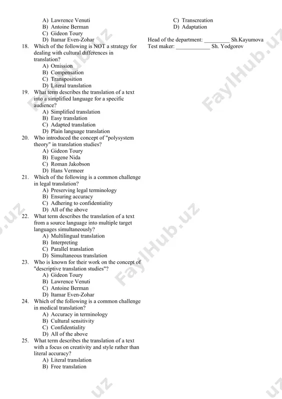 ch of the following is not a stage in the translation process? a) editing b) proofreading c) transcription d) revision 13. what term describes the translation of technical or specialized texts, such as scientific or legal documents? a) literary translation b) technical translation c) legal translation d) medical translation 14. who is known for their work on the "skopos theory" of translation? a) hans vermeer b) eugene nida c) roman jakobson d) antoine berman answer: a) hans vermeer 15. which of the following is a common ethical issue in translation? a) plagiarism b) misrepresentation of facts c) bias in translation d) all of the above 16. what term describes the translation of audiovisual content, such as movies or tv shows? a) subtitling b) dubbing c) localization d) transcreation 17. who is known for their work on the concept of "cultural turn" in translation studies? a) lawrence venuti b) antoine berman …