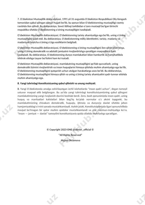 l boʻyida ekologik falokatni keltirib chiqargan. shuningdek, antropogen tasirlar, inson omili tasiri,tabiat hodisalari va tabiiy jarayonlar ham sabab. 5. taraqqiyotning o’zbek modeli va uning o’ziga xos xususiyatlari. 5. 6. i.a.karimov o’zbekiston respublikasining birinchi prezidenti sifatida tarixiy xizmatlari. 6. i.a.karimov o‘z faoliyatining dastlabki kunlaridan yirik davlat arbobi va mohir siyosatchi, bunyodkor va tashkilotchi, katta tajribaga ega bo‘lgan amaliyotchi va teran nazariyotchi sifatida serqirra va samarali faoliyat bilan respublikada millatidan va dinidan qat’i nazar, odamlar o‘zbekistonni o‘z vatani deb hisoblashlariga da’vat etdi va shunday buyuk davlat bunyod etdi. o‘zbekiston mustaqillik tomon yo‘l tutar ekan, birinchi kunlaridan boshlab, uning boshida islom abdug‘aniyevich karimov turdi. asrlarga teng shu qisqa vaqtda erishilgan yutuqlar: mamlakatda o‘rnatilgan ijtimoiy-siyosiy, iqtisodiy barqarorlik, tarixiy, milliy va diniy qadriyatlarimizning tiklanishi jamiyatda o‘rnatilgan osoyishtalikni, mustaqil o‘zbekiston respublikasining xalqaro hamjamiyatda tutgan o‘rnining ortib borishini butun xalqimiz, jahonning yirik davlat arboblari islom karimov nomi bilan bog‘laydilar. 7. mustaqillik dekloratsiyasi va uning tarixiy ahamiyati. 7. …