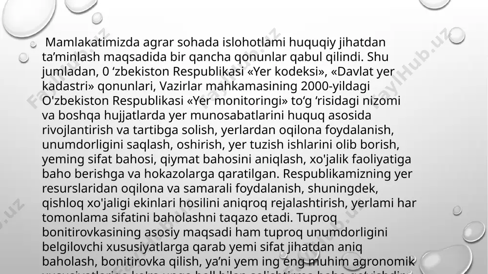 irish va ulami topografik asosga tushirish; 2. asosiy tekshiruv va chuqurchalami kerakli joylarga tushirish, tuproq kesmasi olish, 3. tuproq chuqurlari tushgan joylam i tabiiy sharoitdagi o'zgarm as tavsilotlarga nisbatan joylashishni masshtabda belgilab topishga osonlashtirib xaritaga tushirish; 4. tuproq turlarining chegaralarini ajratish, ulami bog'lash va xaritaga tushirish; 5. q o'shni yerdan foydalanayotgan xo'jalik xaritalariga tuproq chegaralari mos tushishini ta’minlash. tuproqlami chegaralashda to 'g 'ri kelmaydigan ko'rsatkichlami m e’yori, har bir masshtab turida har xilligini aniqlash. tabiiy tuproq turlarini tarqalishi, xaritalash miqyosiga qarab konturdagi tuproq turini belgilash. ko'p xilli tuproq turlarini xaritaga tushirishdagi xaritalashni o'ziga xosligini hisobga olish. dala kundaligini tuzish: bog'lash, relyefini yozish, o'sim liklar, ekin holati, geologiya, gidrogeologiya sharoiti, ona jinsi, qatlamlami morfologik belgilari, dala sharoitida nomlangan tuproq nomi. tuproqlar bonitirovkasining asosiy maqsadlaridan biri tuproq unumdorligini ballar bilan o'lchash, tuproqlar genetik ishlab chiqarish tasnifini tuzishdan iborat. bunday maxsus tasniflar tuproqlaming o‘z tabiiy unumdorlik qobiliyati bo'yicha boshqa tuproqlardan yaxshi yoki yomonligini, …