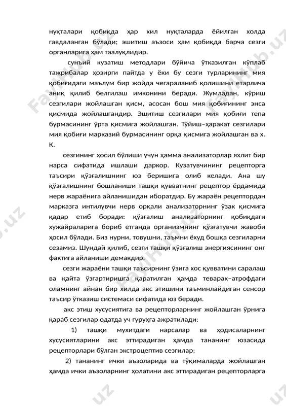мни ёхуд бошқа сезгиларни сезамиз. шундай қилиб, сезги ташқи қўзғалиш энергиясининг онг фактига айланиши демакдир. сезги жараёни ташқи таъсирнинг ўзига хос қувватини саралаш ва қайта ўзгартиришга қаратилган ҳамда теварак–атрофдаги оламнинг айнан бир хилда акс этишини таъминлайдиган сенсор таъсир ўтказиш системаси сифатида юз беради. акс этиш хусусиятига ва рецепторларнинг жойлашган ўрнига қараб сезгилар одатда уч гуруҳга ажратилади: 1) ташқи мухитдаги нарсалар ва ҳодисаларнинг хусусиятларини акс эттирадиган ҳамда тананинг юзасида рецепторлари бўлган экстроцептив сезгилар; 2) тананинг ички аъзоларида ва тўқималарда жойлашган ҳамда ички аъзоларнинг ҳолатини акс эттирадиган рецепторларга эга бўлган интероцептив сезгилар; 3) рецепторлари мушакларда ва пайларда ўрнашган проприоцептив сезгилар, улар гавдамизнинг ҳаракати ва ҳолати ҳақида ахборот бериб туради, бу сезги турини кинестезия деб ҳам, унга тегишли рецепторларни эса кинестезик ёки кинестетик дейилади. экстрорецепторларни иккитага: алоқа боғлайдиган контакт ва дистант рецепторларга ажратиш мумкин. алоқа боғлайдиган рецепторлар уларга таъсир қиладиган объектлар билан бевосита алоқа боғлаган пайтда қўғатади, масалан, баданни тегишли орқали сезиш, таъм …