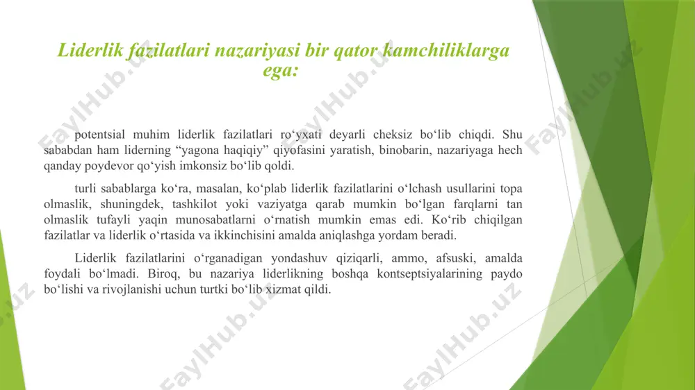 a xodimlarda jamlash. ko‘rinib turibdiki, bu o‘zgaruvchilar ogayo shtat universiteti tadqiqotlarida qo‘llaniladigan mazmunga juda o‘xshash. michigan universitetida o‘tkazilgan tadqiqot natijalari samarali lider haqida quyidagi xulosalarga olib keldi: xodimlarni qo‘llab-quvvatlashga va ular bilan yaxshi munosabatlar o‘rnatishga intiladi; xodimlarni boshqarishda individual yondashuvdan ko‘ra guruhli yondashuvdan foydalanadi; mehnat unumdorligi va stressli topshiriqlarning eng yuqori darajasini belgilaydi. no 4. boshqaruv tizimlari r. likert. keyinchalik, bu topilmalar rensis likert tomonidan ishlab chiqilgan va «boshqaruv tizimlari 1, 2, 3 va 4» deb nomlangan kontseptsiyaning asosi bo‘ldi. michigan universiteti barcha holatlar uchun ideal uslubni o‘rnatmagan bo‘lsa-da, shunga qaramay, samarali liderlik sharti xodimlarni qo‘llab-quvvatlash va qaror qabul qilishda ishtirok etishdir degan xulosaga keldi. michigan universitetining yondashuviga asoslanib, rensis likert samarali liderlar tomonidan qo‘llaniladigan umumiy boshqaruv modellarini intensiv o‘rganishni o‘tkazdi. ikkinchisi inson omiliga e’tibor qaratishlari va maqsadlarga erishish uchun ishni bajarish uchun jamoaviy yondashuvni rivojlantirishga harakat qilishlari aniqlandi. ularga liderlarning ikki toifasi ajratildi: xodimlarga e’tibor qaratgan liderlar; ishga yo‘naltirilgan …