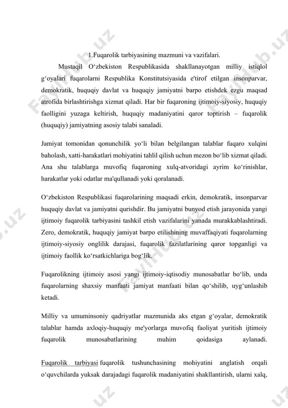 ‘usini uyg‘otish, ulardan g‘ururlanish, faxrlanish va iftixor hislarini oshirish. 1. vatan, xalq va millat ishiga sodiqlik, o‘z manfaatlarini yurt manfaatlari bilan uyg‘unlashtira olishga erishish, fidoiy fuqaroni tarbiyalab voyaga yetkazish. 1. vatan, yurt ozodligi va mustaqilligini e'zozlovchi, ardoqlovchi, uni himoya qilishga tayyor fuqaroni tarbiyalash ishiga keng jamoatchilik e'tiborini jalb etish. o‘quvchilarning fuqarolik tarbiyasini tashkil etishda shaxsga davlat konstitutsiyasida ko‘rsatilgan huquqlardan foydalanish hamda burchlarni bajarish xususida ma'lumotlar berish, ularda ijtimoiy faoliyatni tashkil etishda huquqlardan foydalanish va burchlarni bajarish bo‘yicha ko‘nikma va malakalarni hosil qilish maqsadga muvofiqdir. respublika bosh qonunida shaxsning quyidagi huquqlari kafolatlanadi: yashash huquqi, erkinlik va shaxsiy daxlsizlik, ayblanayotgan shaxs ishining sudda qonuniy tartibda, oshkora ko‘rib chiqilishi, har kim o‘z sha'ni va obro‘siga tahdid qiladigan tajovuzlardan, shaxsiy hayotga aralashishdan himoyalanish va turar-joy dahlsizligi, respublika hududida bir joydan ikki joyga ko‘chish, o‘zbekiston respublikasiga kelish va undan chiqib ketish, fikrlash, so‘z va e'tiqod erkinligi, vijdon erkinligi, davlat ishlarini boshqarishda bevosita yoki o‘z vakillri …