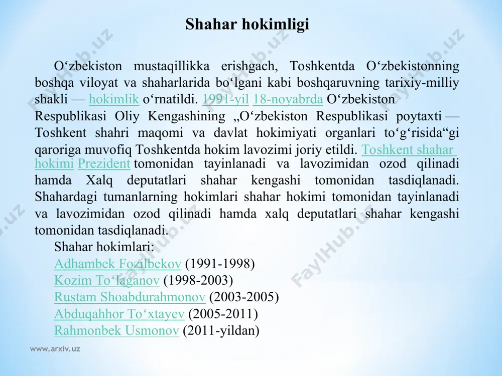 ev o., toshkent muhammad solih tavsifida, t., 1983; beysembiyev t. k., „taʼrixi shaxruxi“ kak istoricheskiy istochnik, almaata, 1987; munirov k., irisov a., nosirov a., toshkent tarixida baʼzi siymolar, t., 1983; sodiqova n. s.,’buryakov yu. f., qadimgi va hozirgi toshkent, t., 1965; bulatova v. a., mankovskaya l., pamyatniki zodchestva tashkenta (xiv—xix), t,, 1983, muham madjonov a. r., qadimgi toshkent, 2002; toshkent atlasi, m., 1984. www.slayd.arxiv.uz www.arxiv.uz www.arxiv.uz