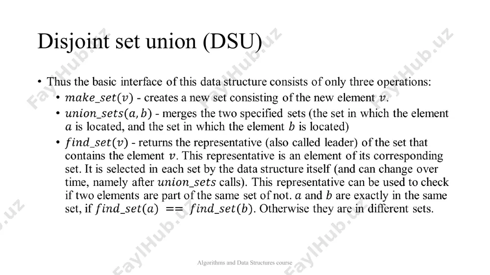e identical, that we have nothing to do, the sets are already merged. otherwise, we can simply specify that one of the representatives is the parent of the other representative - thereby combining the two trees. for example, will change our array in the following way: element 0 1 2 3 4 5 6 7 8 parent 0 1 5 3 3 5 6 7 8 disjoint set union (dsu) algorithms and data structures course to combine two sets (operation ), we first find the representative of the set in which is located, and the representative of the set in which is located. if the representatives are identical, that we have nothing to do, the sets are already merged. otherwise, we can simply specify that one of the representatives is the parent of the other representative - thereby combining the two trees. for example, will change our array in the …