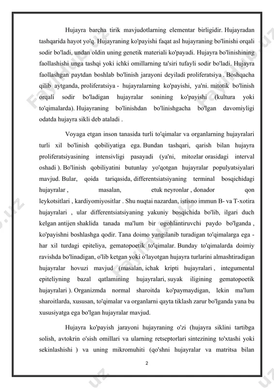 a tiklash zarur bo'lganda yana bu xususiyatga ega bo'lgan hujayralar mavjud. hujayra ko'payish jarayoni hujayraning o'zi (hujayra siklini tartibga solish, avtokrin o'sish omillari va ularning retseptorlari sintezining to'xtashi yoki sekinlashishi ) va uning mikromuhiti (qo'shni hujayralar va matritsa bilan ogohlantiruvchi aloqalarning yo'qligi, to'xtashi) tomonidan qattiq tartibga solinadi. parakrin o'sish omillarining sekretsiyasi va / yoki sintezi ). proliferatsiyaning disregulyatsiyasi hujayralarning cheksiz bo'linishiga olib keladi, bu esa o'z navbatida tanadagi onkologik jarayonning rivojlanishini boshlaydi. tarqalishi [5] proliferatsiyaning boshlanishi bilan bog'liq bo'lgan asosiy funktsiya hujayraning plazma membranasi tomonidan qabul qilinadi. aynan uning yuzasida dam olish hujayralarining bo'linishdan oldin faollashgan holatga o'tishi bilan bog'liq hodisalar sodir bo'ladi. hujayralarning plazma membranasi, unda joylashgan retseptor molekulalari tufayli turli hujayradan tashqari mitogen signallarni qabul qiladi va proliferativ reaktsiyaning boshlanishida ishtirok etadigan zarur moddalarning hujayra ichiga o'tkazilishini ta'minlaydi. mitogen signallar hujayralar o'rtasidagi, hujayra va matritsa o'rtasidagi aloqalar, shuningdek hujayralarning hujayra tsikliga kirishini rag'batlantiradigan turli birikmalar bilan o'zaro ta'siri …